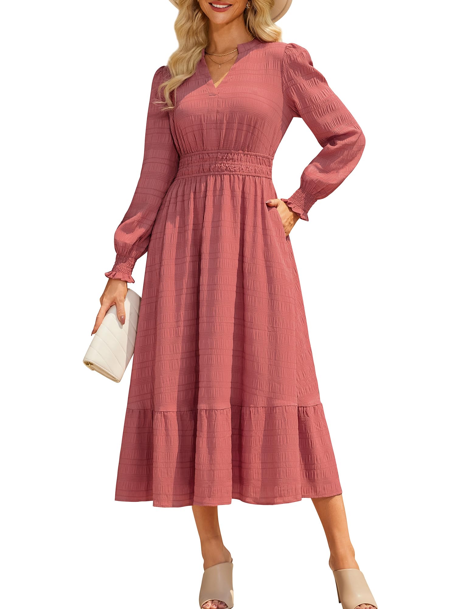 GRACE KARIN Women's Puff Long Sleeve V Neck Smocked Maxi Dress Tiered A-line Spring Fall Flowy Long Dress with Pockets