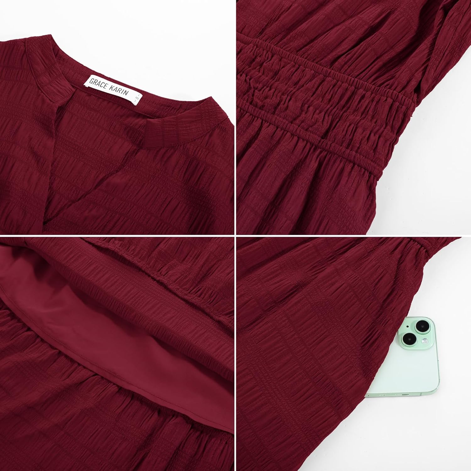 GRACE KARIN Women's Puff Long Sleeve V Neck Smocked Maxi Dress Tiered A-line Spring Fall Flowy Long Dress with Pockets