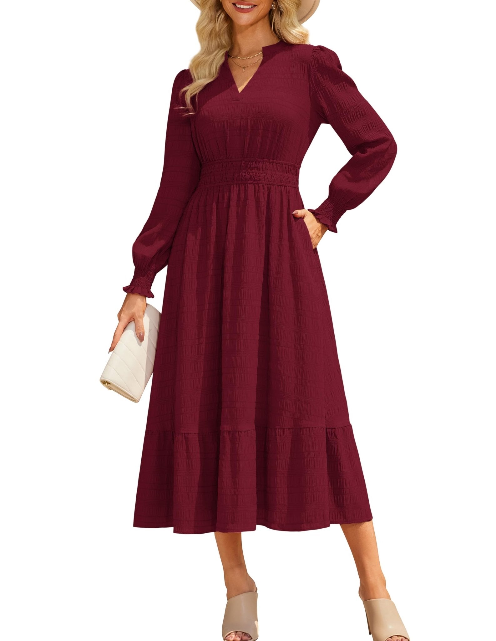 GRACE KARIN Women's Puff Long Sleeve V Neck Smocked Maxi Dress Tiered A-line Spring Fall Flowy Long Dress with Pockets