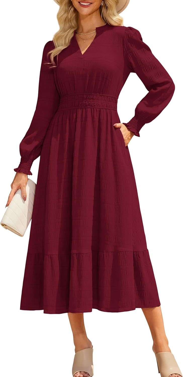 GRACE KARIN Women's Puff Long Sleeve V Neck Smocked Maxi Dress Tiered A-line Spring Fall Flowy Long Dress with Pockets