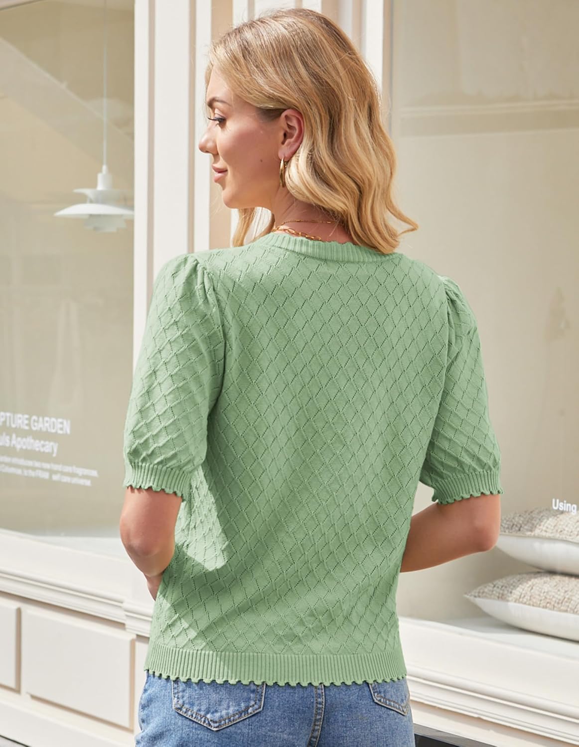 GRACE KARIN Women's Puff Short Sleeve Cardigan Tops 2025 Summer Lightweight Crew Neck Button Down Knit Sweater Blouses