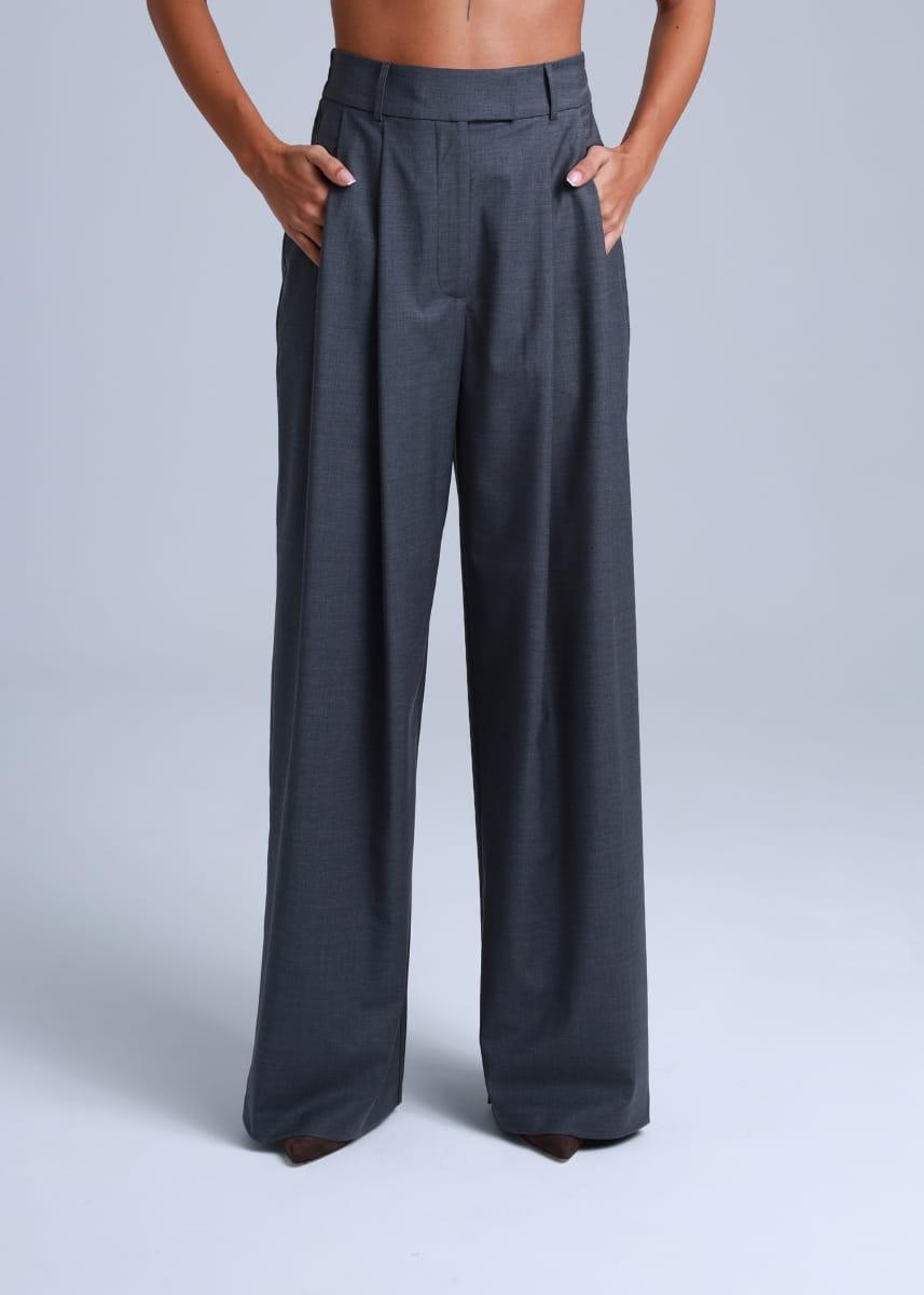 Broadway Sophia Wid-Leg Virgin Wool Pants in Mid Grey
