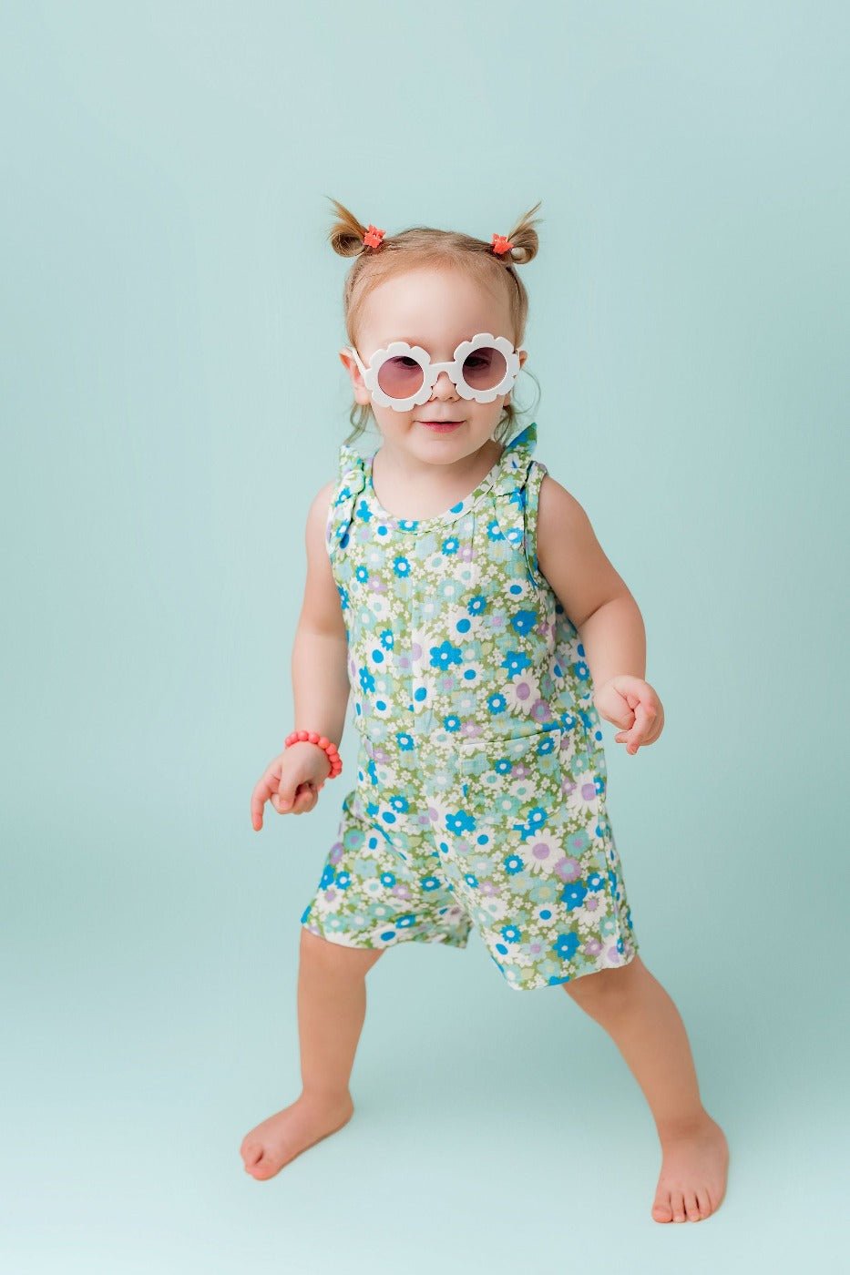 Green and Blue Flower Power Double Gauze Romper for Babies and Toddler Girls