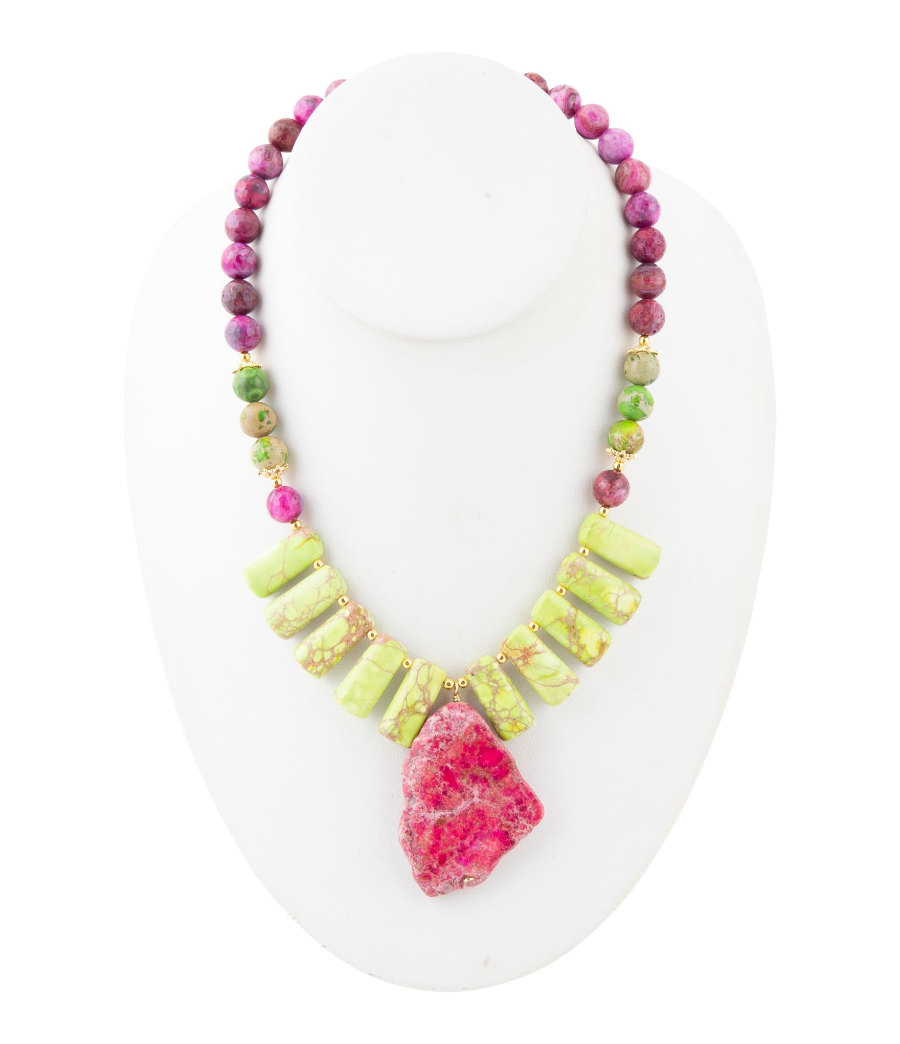 Pink Jasper Lime Green Pendant Golden Necklace