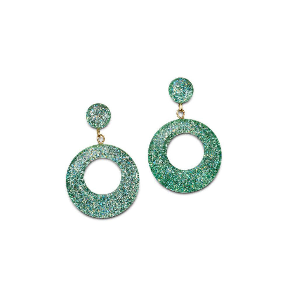 Green Lagoon Glitter Drop Hoop Earrings by Splendette