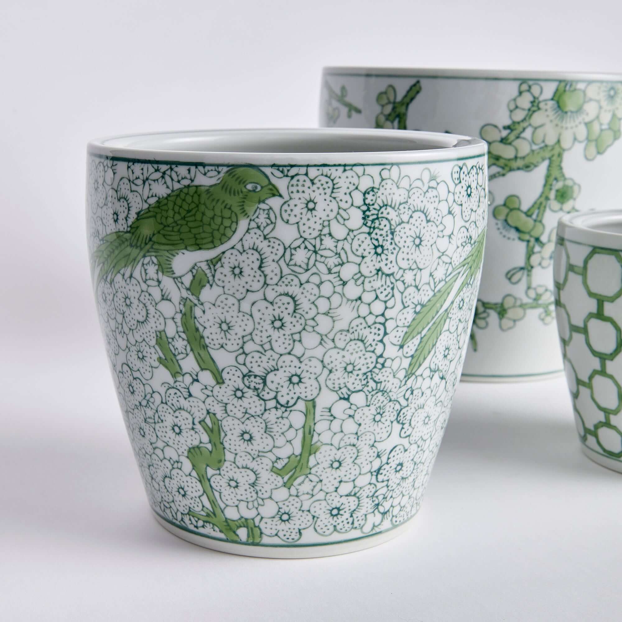 Green and White Chinoiserie Ceramic Planters (Set of 3)