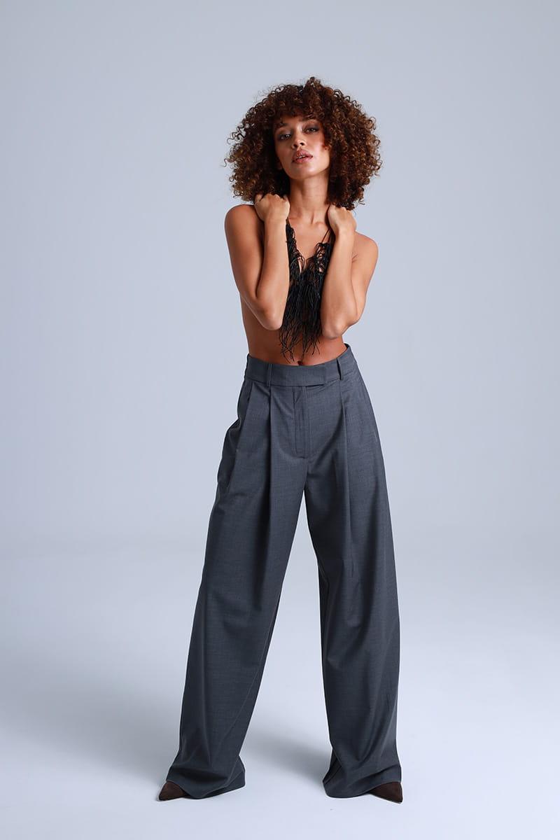 Broadway Sophia Wid-Leg Virgin Wool Pants in Mid Grey