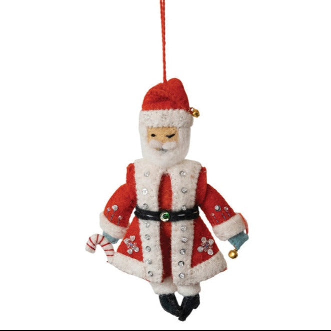 Handmade Wool Felt Santa Ornament w/ Embroidery & Sequins