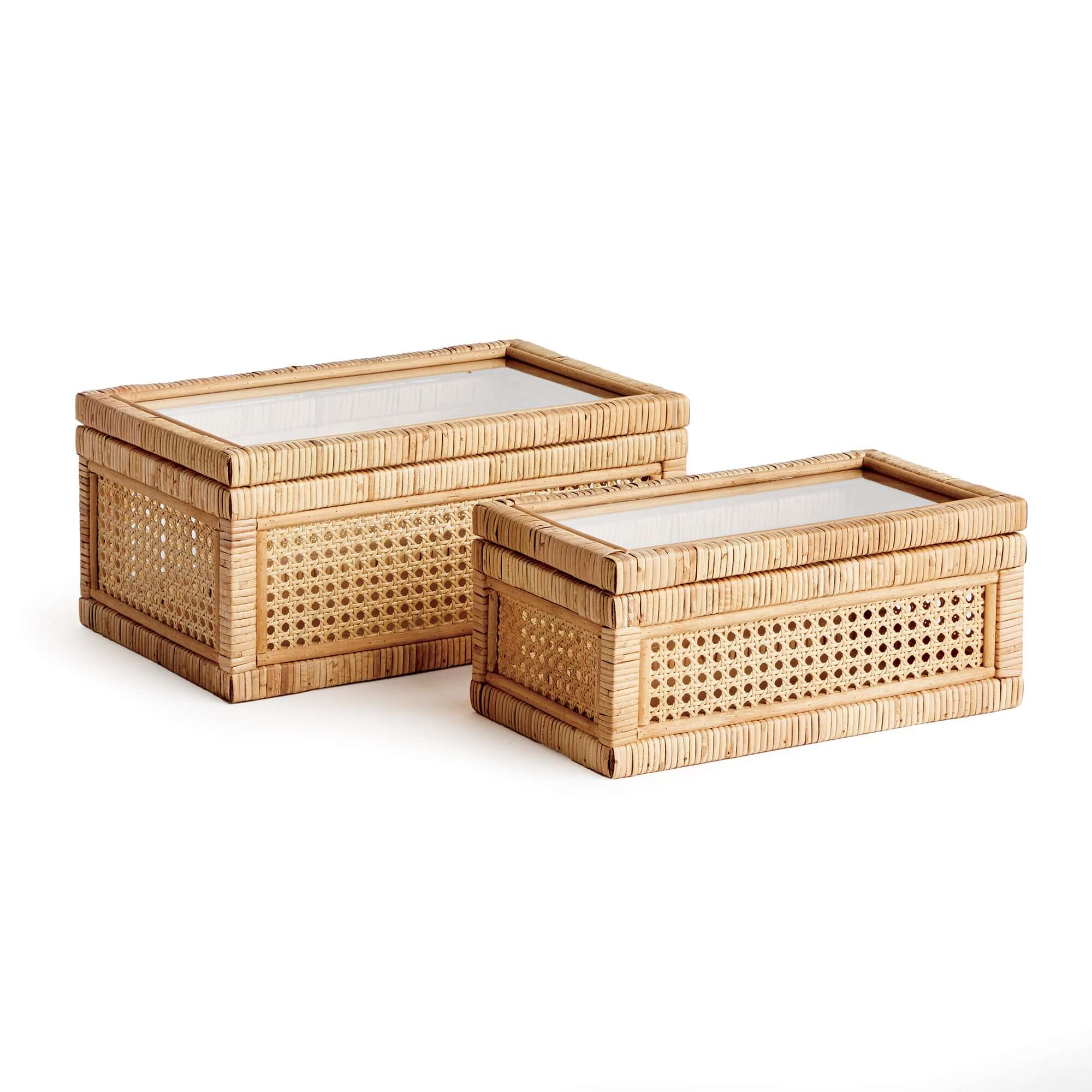 Handwoven Rattan Storage Boxes with Glass Window Lids (Set of 2)