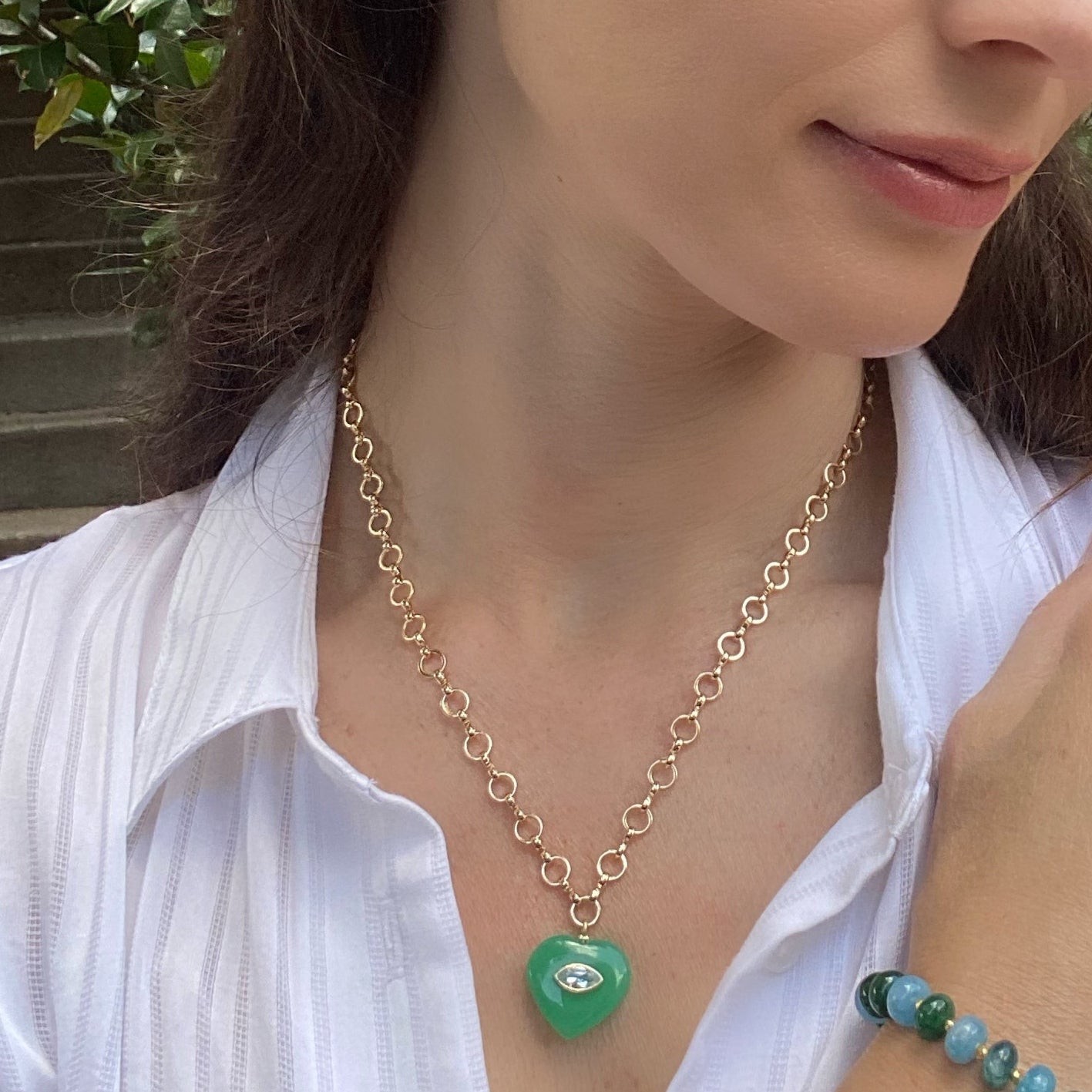 New! Rainbow Moonstone & Topaz Petite Loop Heart Necklace