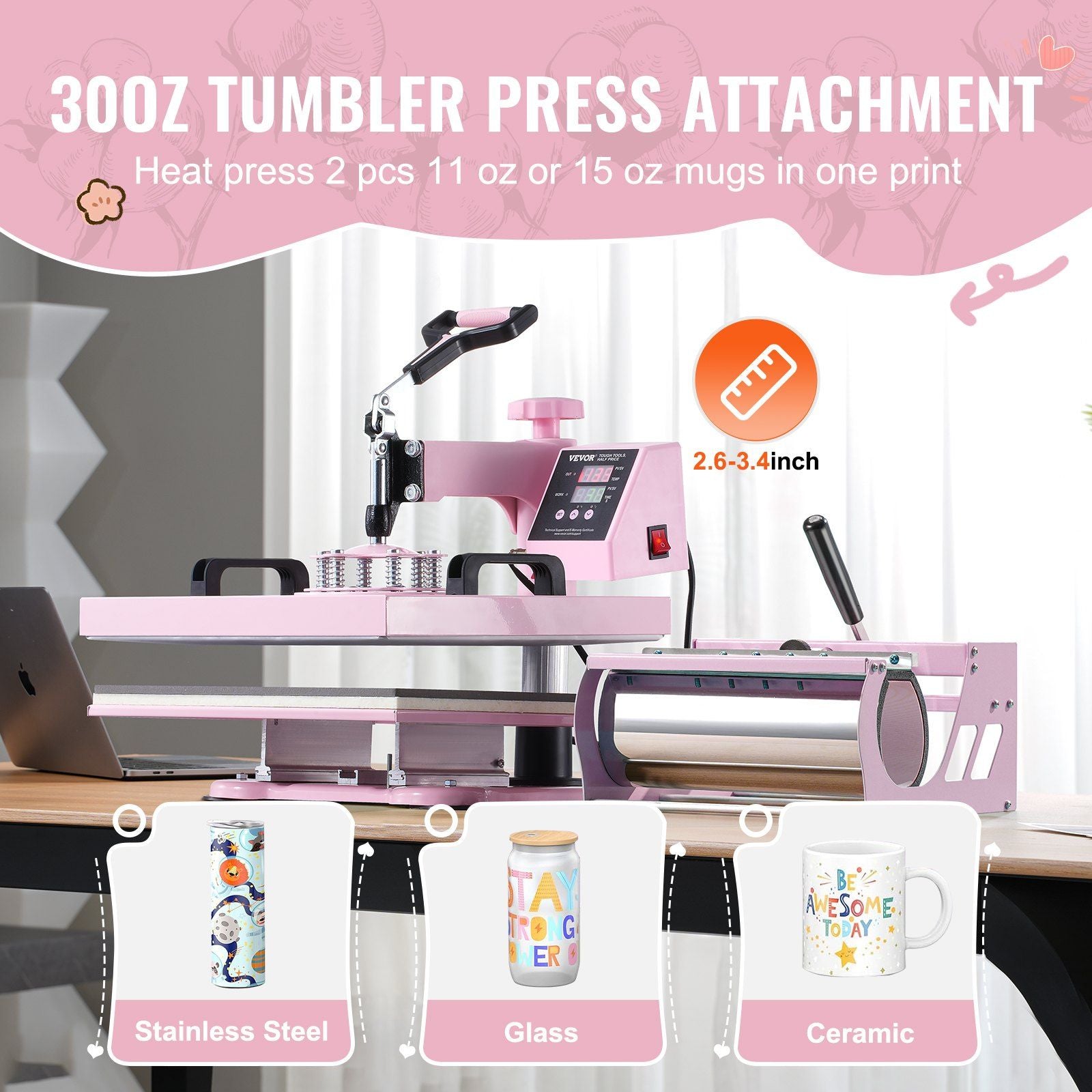 Heat Press Machine 15x15 in 8 in 1 with 30oz Tumbler Press T-Shirts Pink