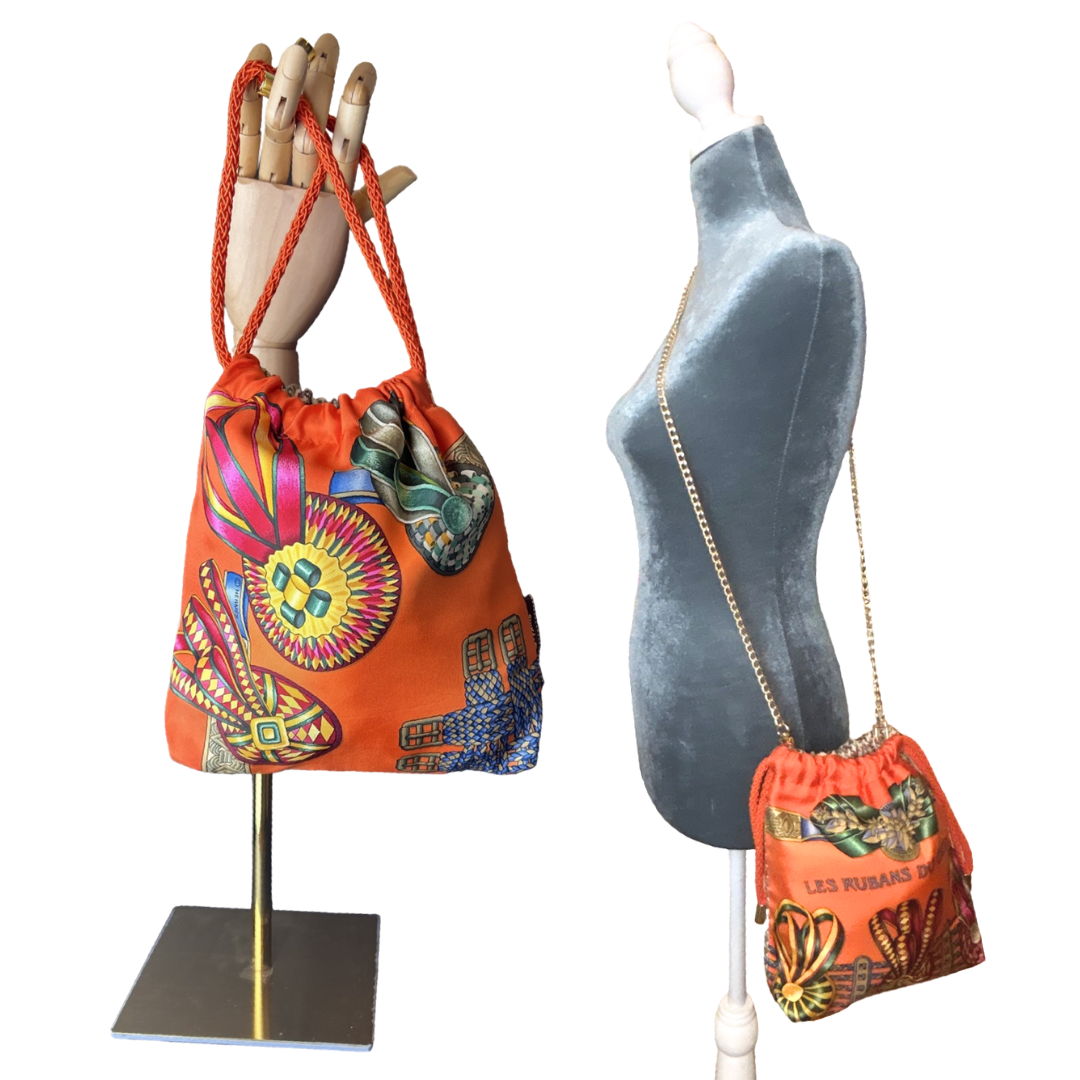 Rubans du Cheval Orange Vintage Scarf Drawstring Crossbody Bag