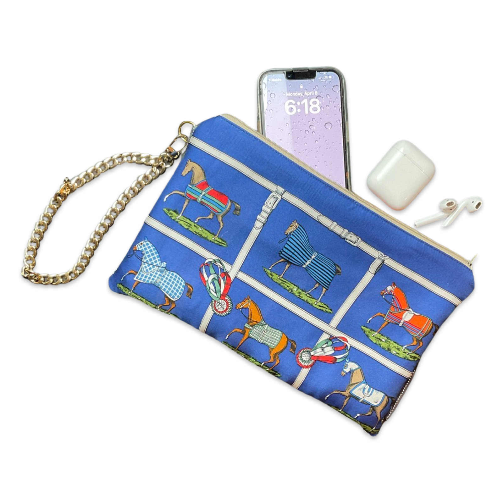 Petites Chevaux Blue Vintage Silk Scarf Wristlet Bag