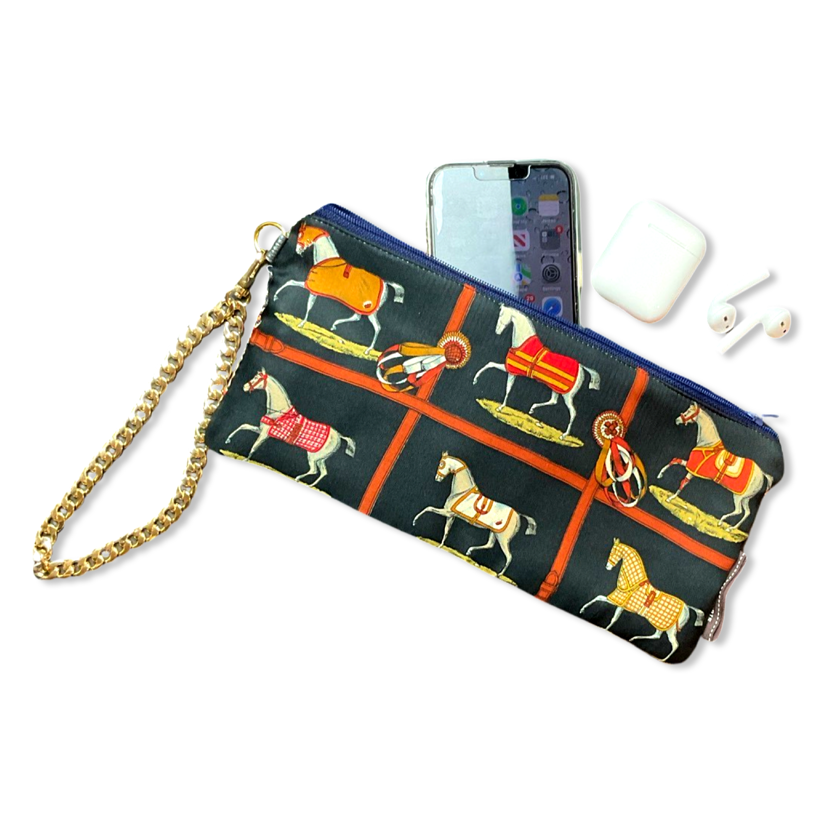 Petites Chevaux Noir Vintage Silk Scarf Wristlet Bag