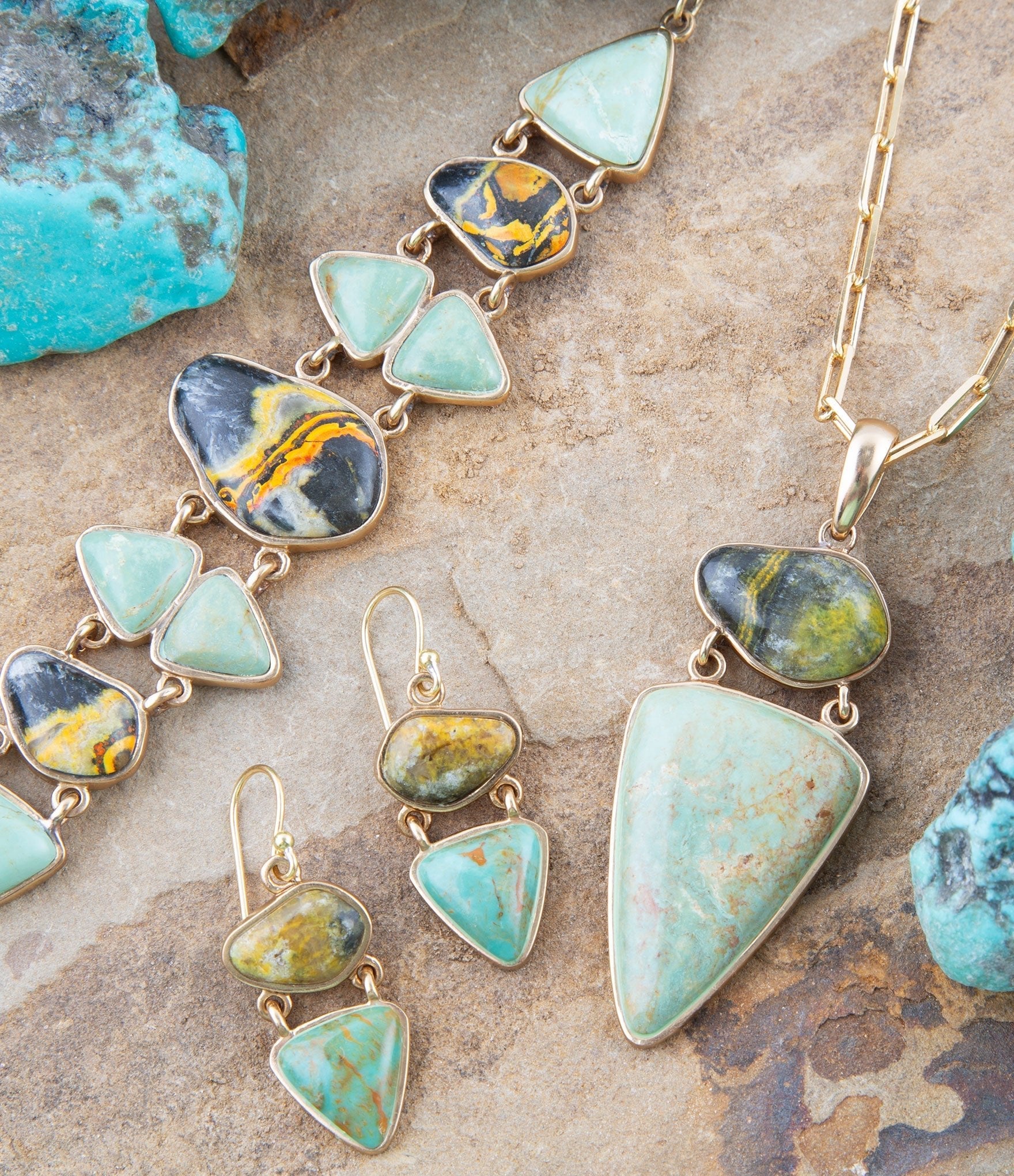Hinged Yellow Bumblebee Jasper and Green Turquoise Golden Earrings