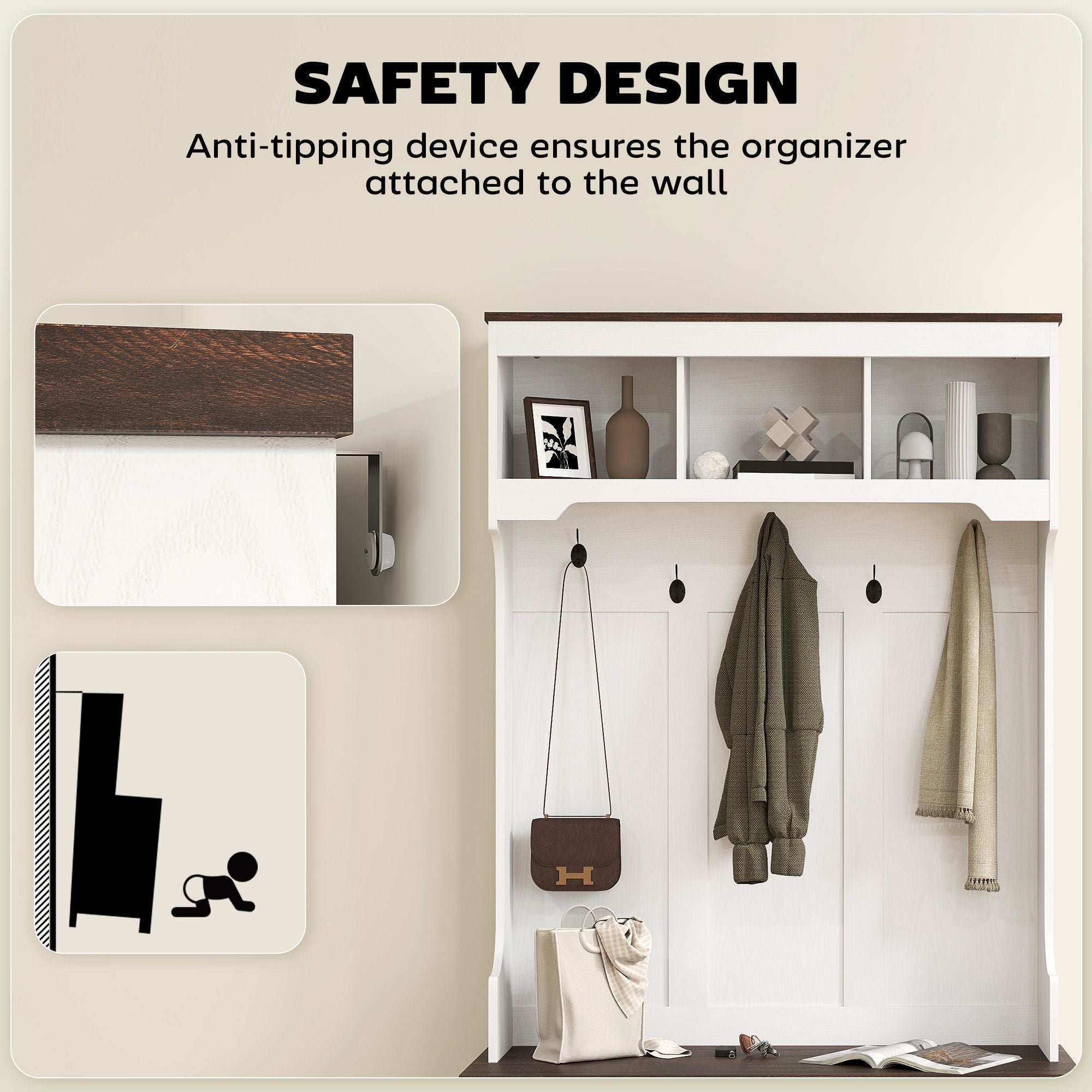 HOMCOM 3-in-1 Hall Tree with Shoe Storage, Coat Rack with Bench, Entryway Furniture with Five Hooks, White Wood Grain