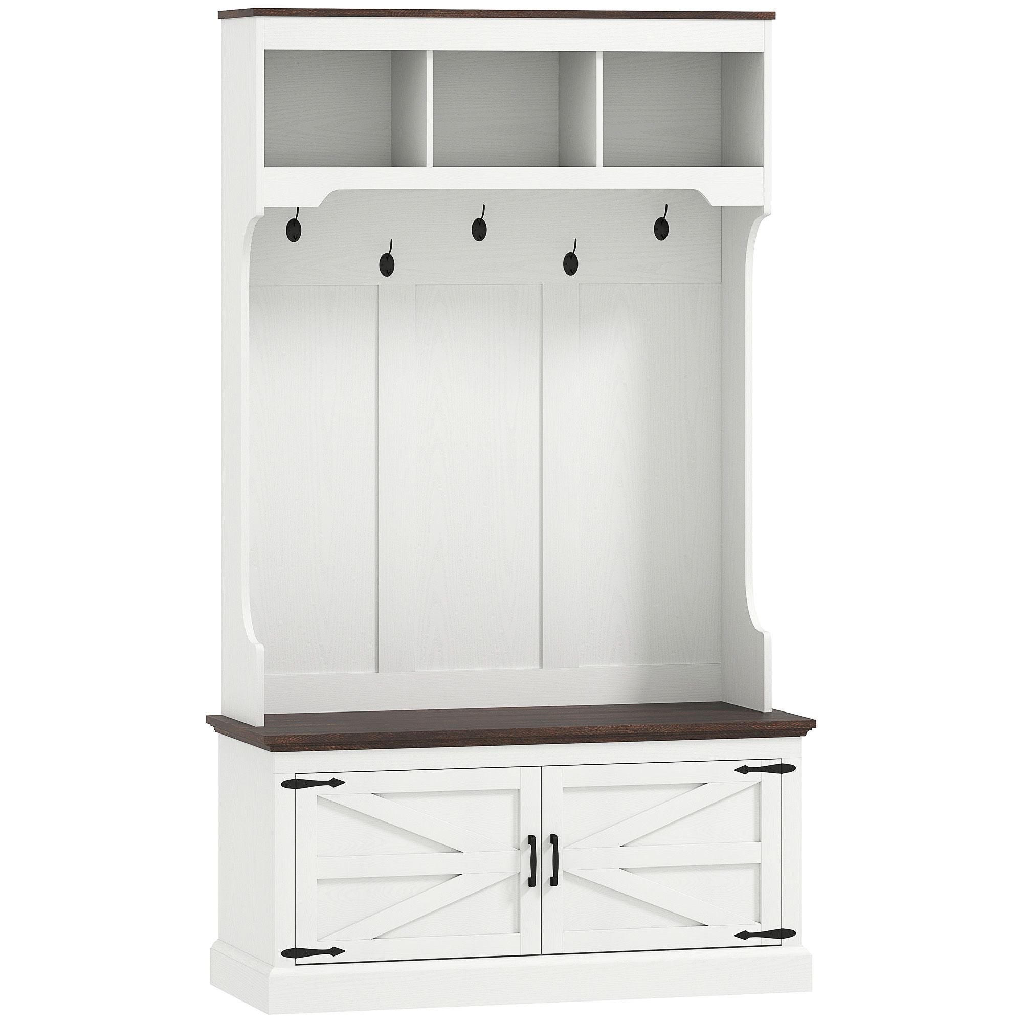 HOMCOM 3-in-1 Hall Tree with Shoe Storage, Coat Rack with Bench, Entryway Furniture with Five Hooks, White Wood Grain