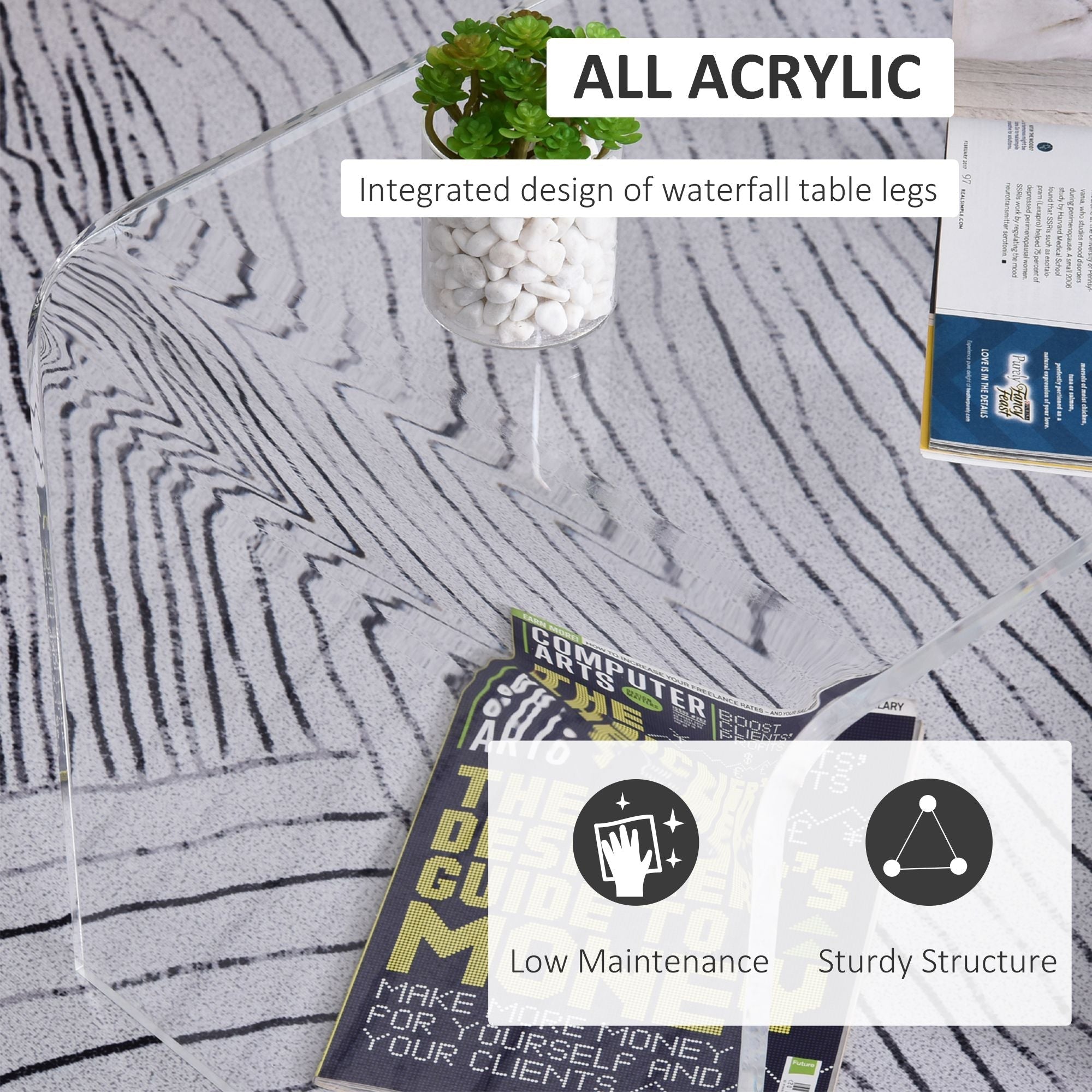 HOMCOM 32" Clear Acrylic Coffee Table, 0.5In Thick C-Shape Waterfall End Coffee Table, Multipurpose Lucite Tea Table for Living Room