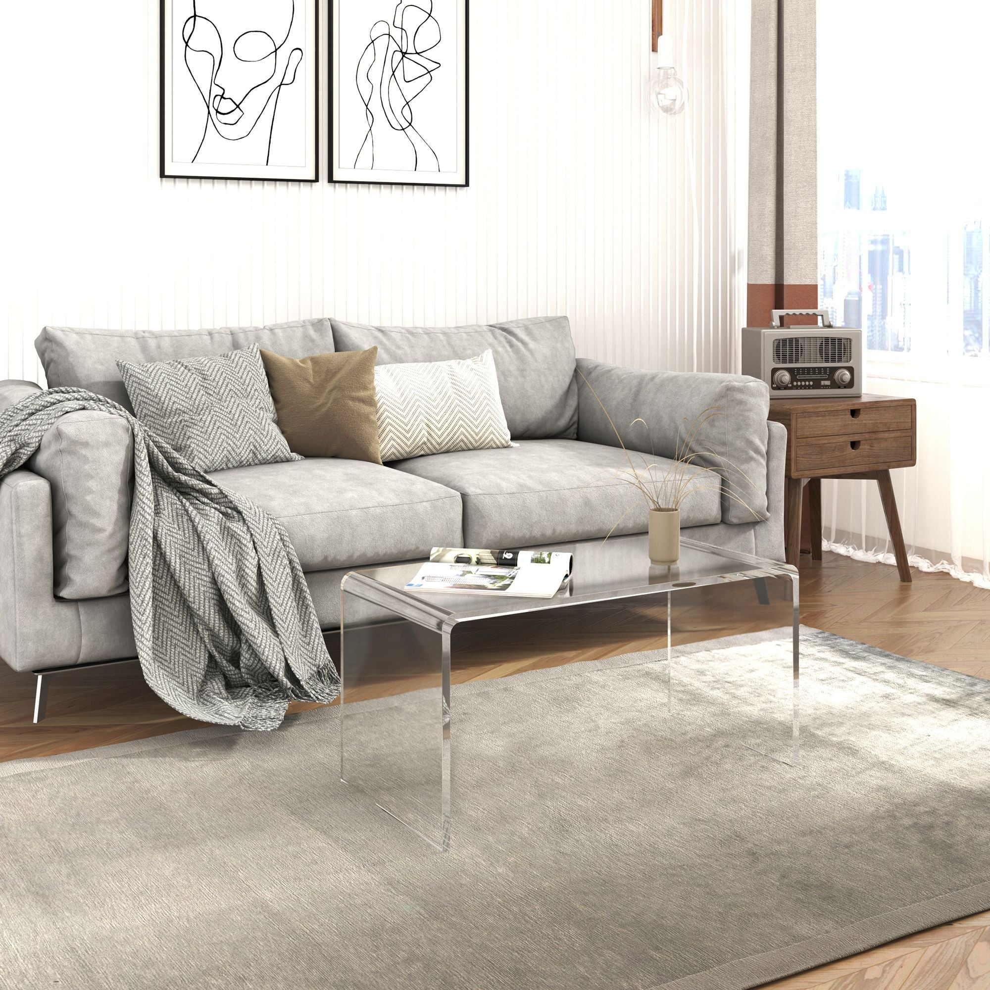 HOMCOM 32" Clear Acrylic Coffee Table, 0.5In Thick C-Shape Waterfall End Coffee Table, Multipurpose Lucite Tea Table for Living Room