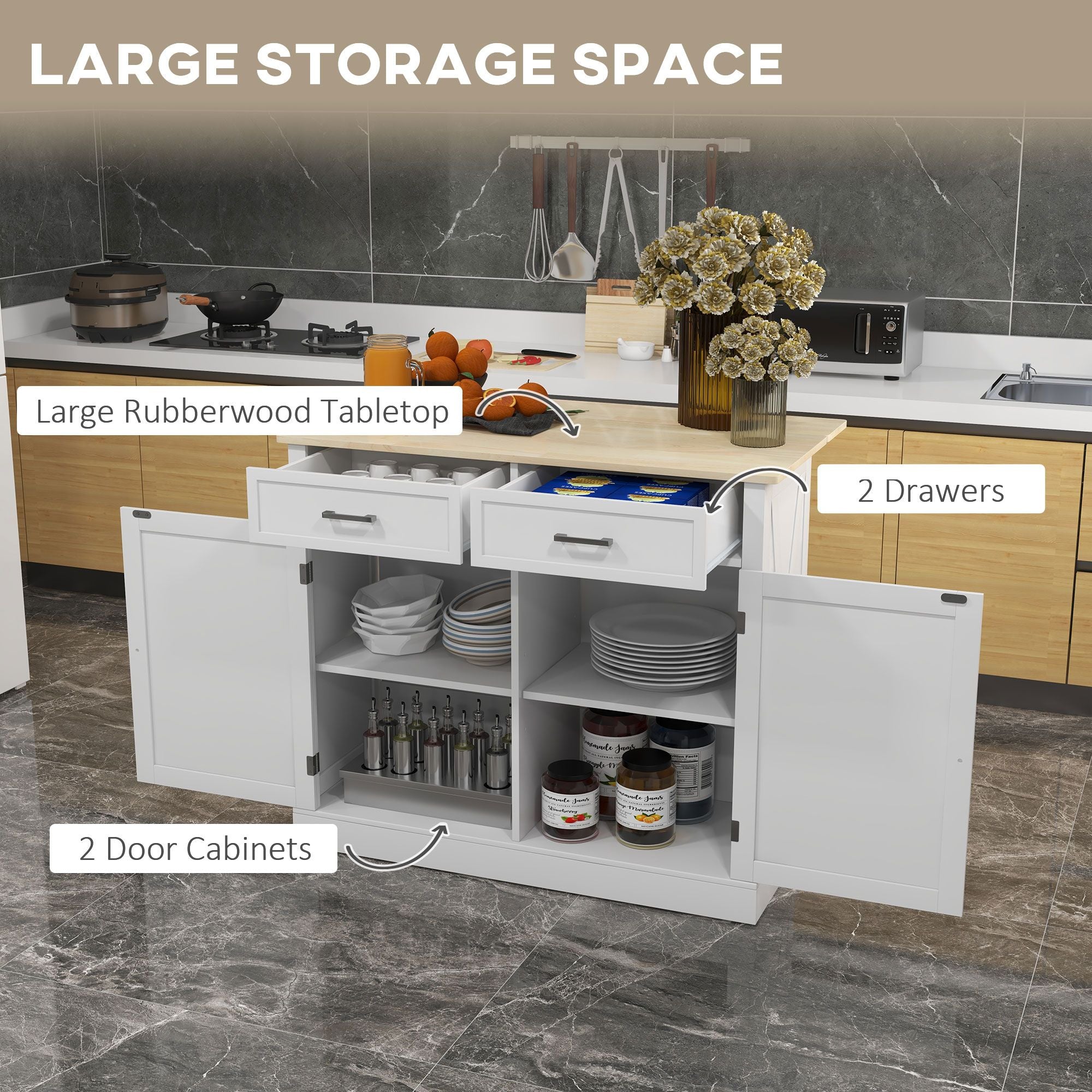HOMCOM Farmhouse Kitchen Island Cart with Drop Leaf Breakfast Bar, 2 Drawers, Adjustable Shelves, White Wood