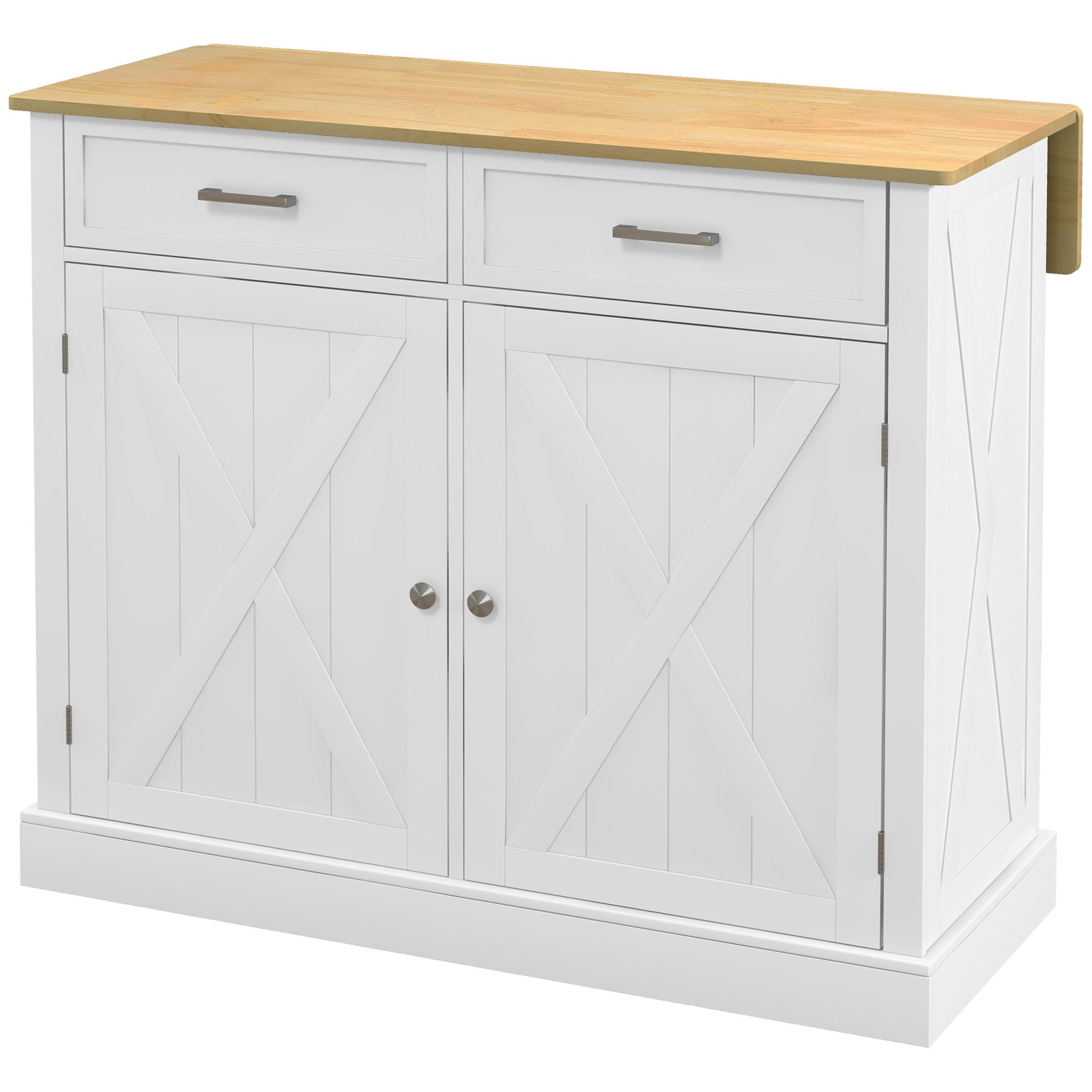 HOMCOM Farmhouse Kitchen Island Cart with Drop Leaf Breakfast Bar, 2 Drawers, Adjustable Shelves, White Wood