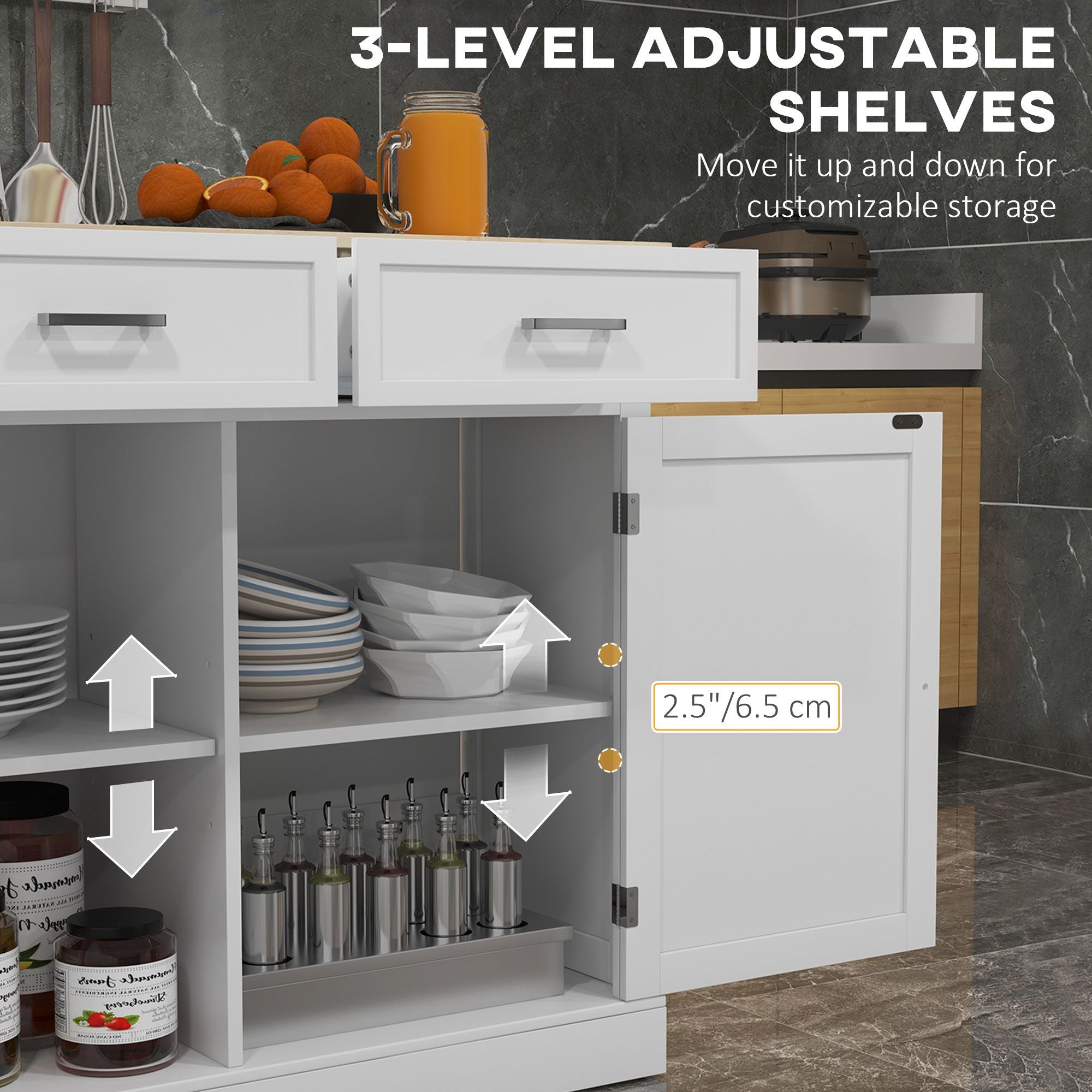 HOMCOM Farmhouse Kitchen Island Cart with Drop Leaf Breakfast Bar, 2 Drawers, Adjustable Shelves, White Wood