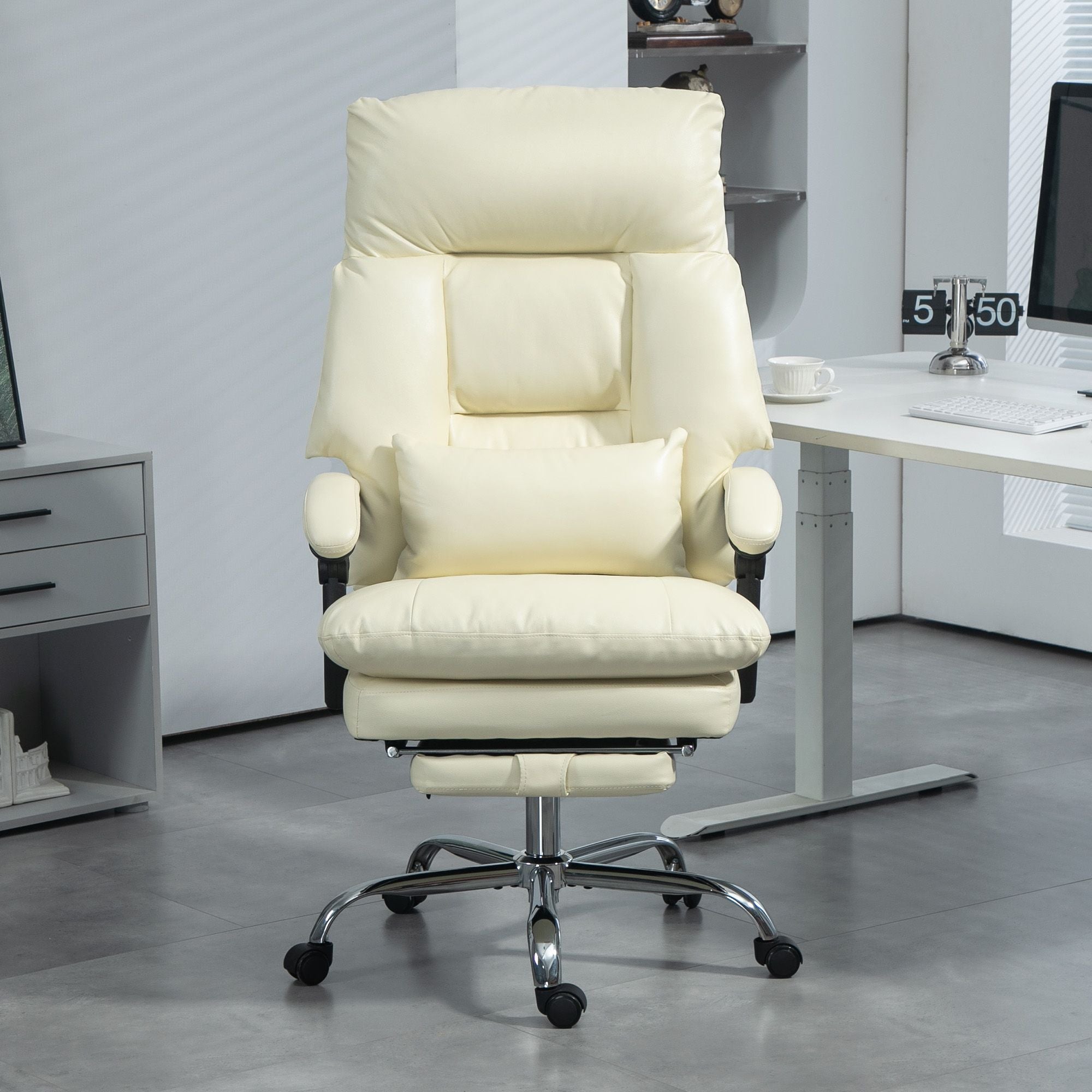 Overstuffed Office Chair, High Back Desk Chair with Foot Rest, Reclining PU Leather Computer Chair, Cream White
