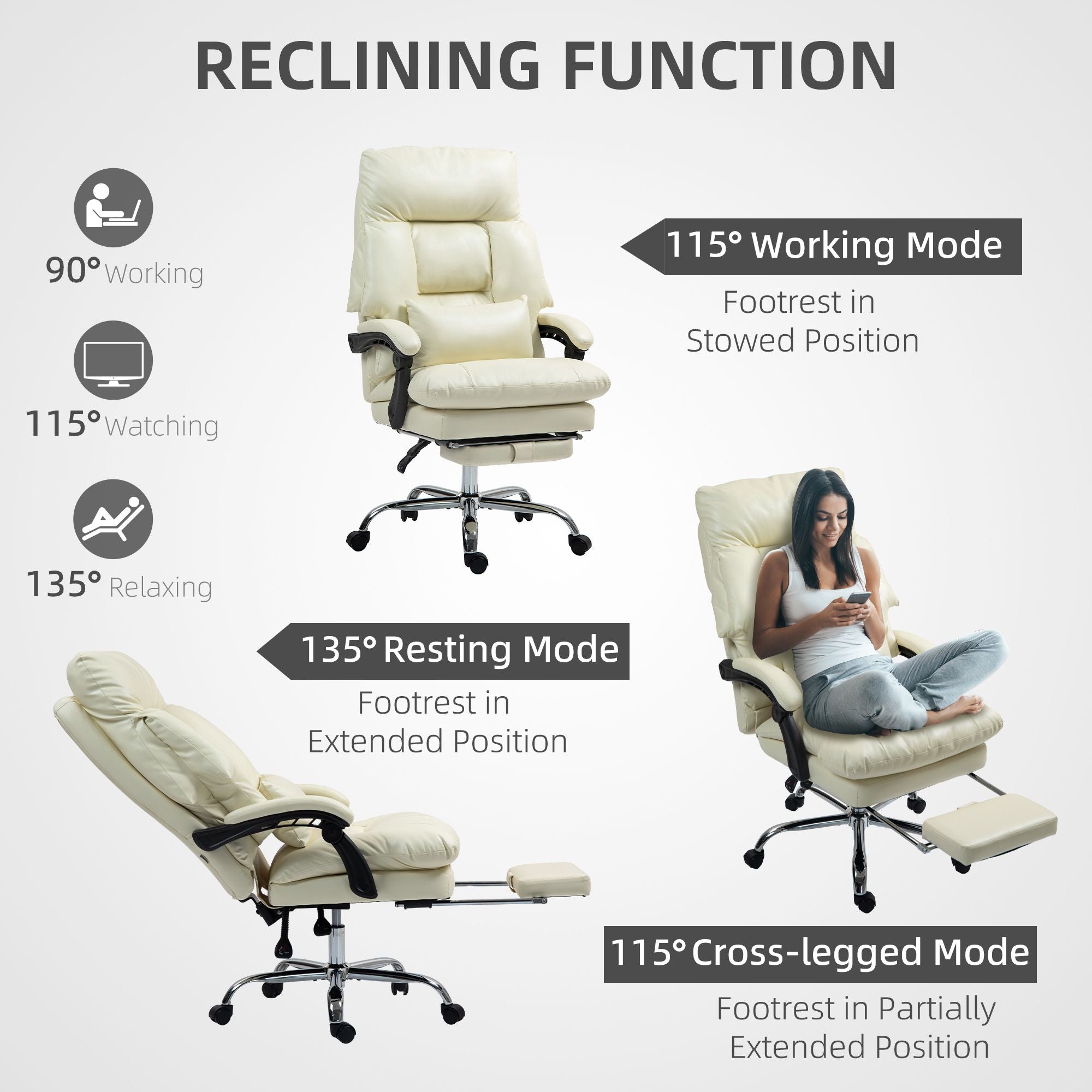 Overstuffed Office Chair, High Back Desk Chair with Foot Rest, Reclining PU Leather Computer Chair, Cream White