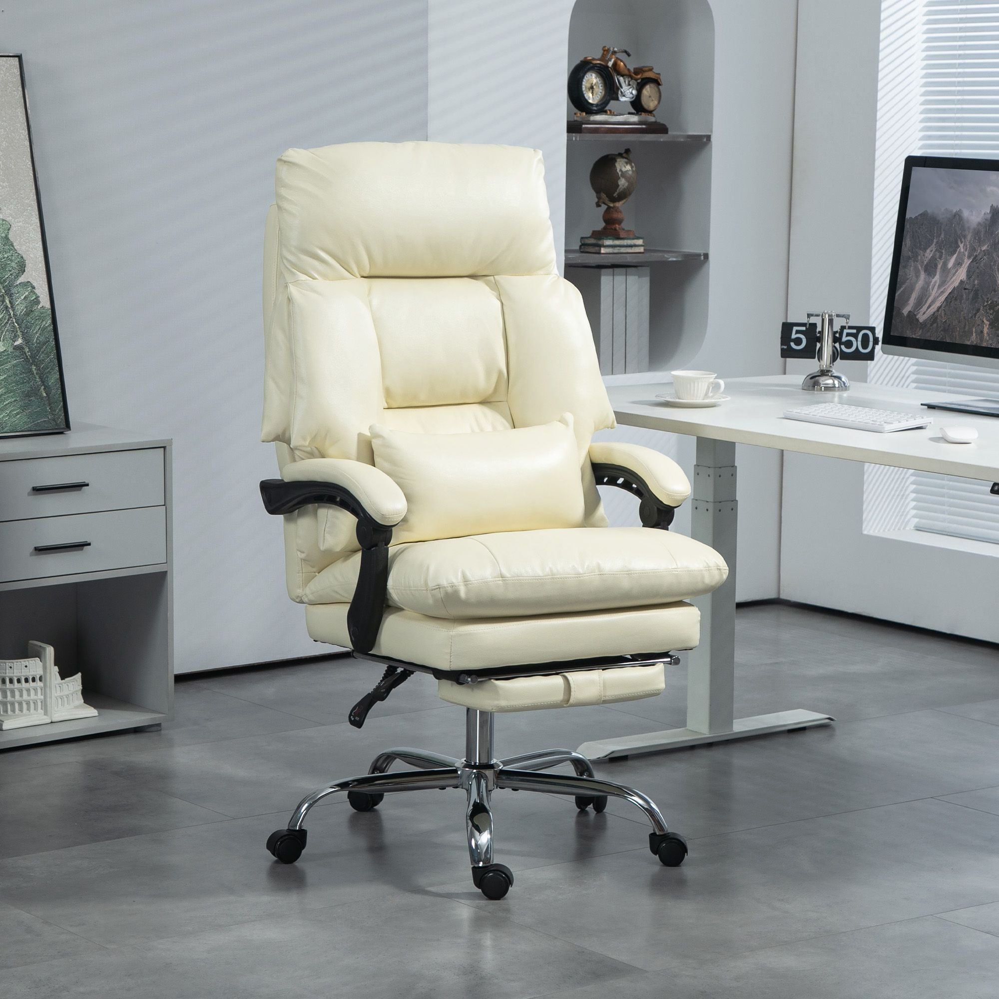 Overstuffed Office Chair, High Back Desk Chair with Foot Rest, Reclining PU Leather Computer Chair, Cream White