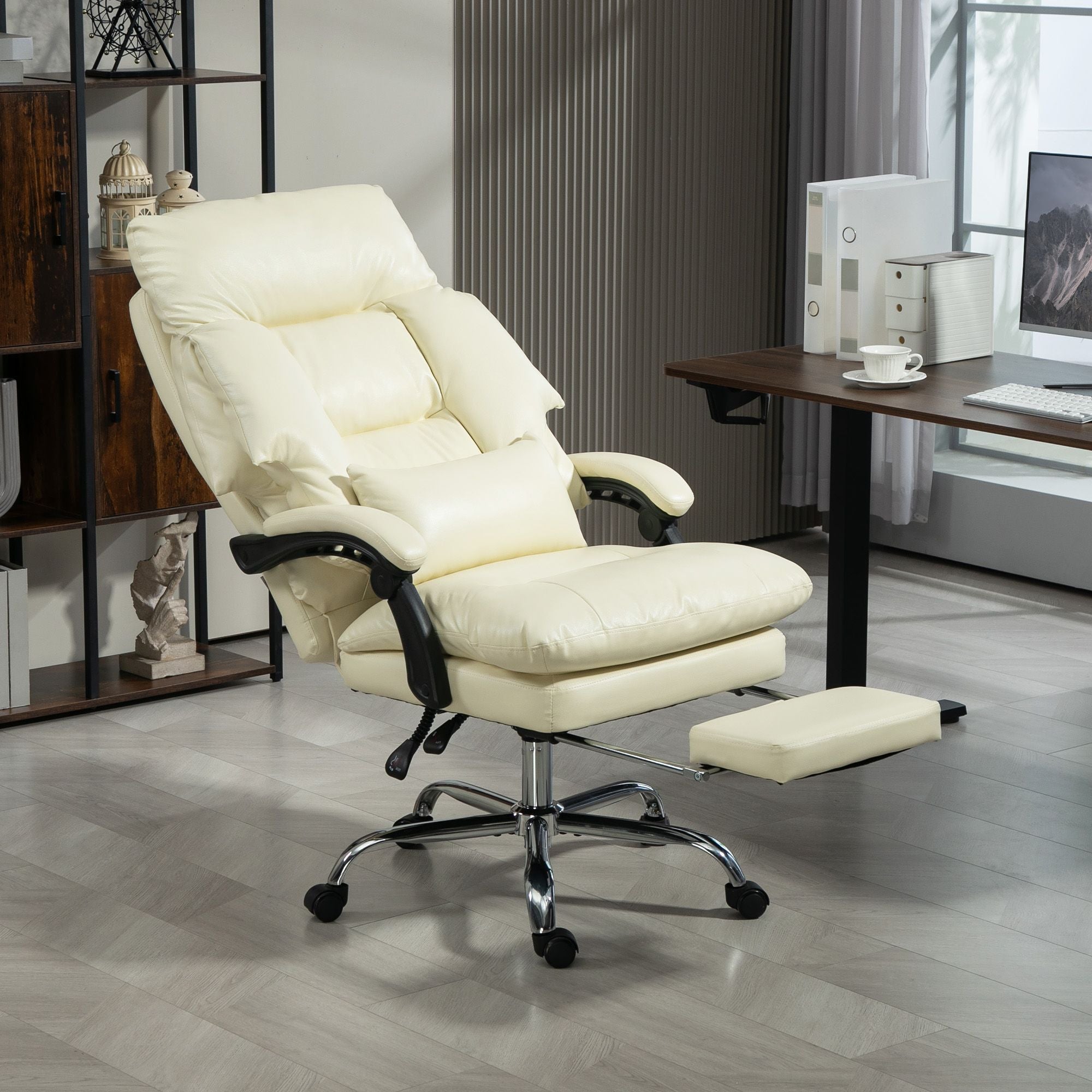 Overstuffed Office Chair, High Back Desk Chair with Foot Rest, Reclining PU Leather Computer Chair, Cream White