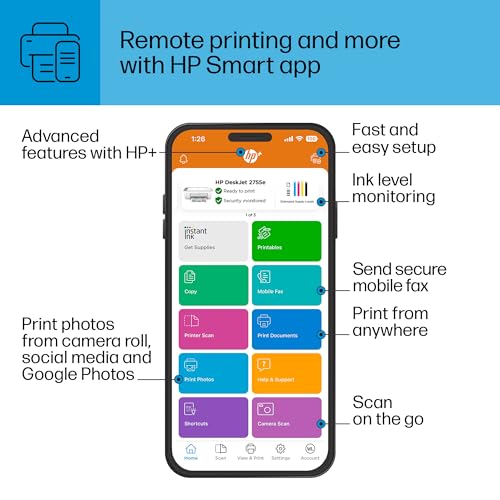 HP DeskJet 2755e Wireless Color inkjet-printer, Print, scan, copy, Easy setup, Mobile printing, Best-for home, 6 month Instant Ink trial included, white (packaging may vary)