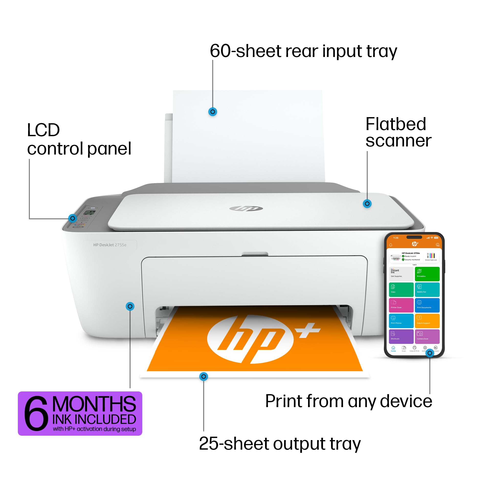 HP DeskJet 2755e Wireless Color inkjet-printer, Print, scan, copy, Easy setup, Mobile printing, Best-for home, 6 month Instant Ink trial included, white (packaging may vary)