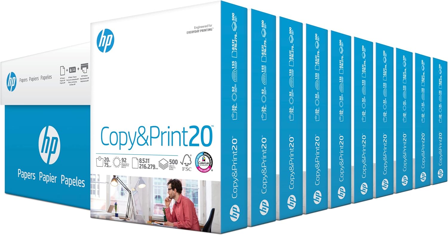 HP Printer Paper | 8.5 x 11 Paper | Copy &Print 20 lb | 1 Ream Case - 500 Sheets| 92 Bright | Made in USA - FSC Certified | 200060