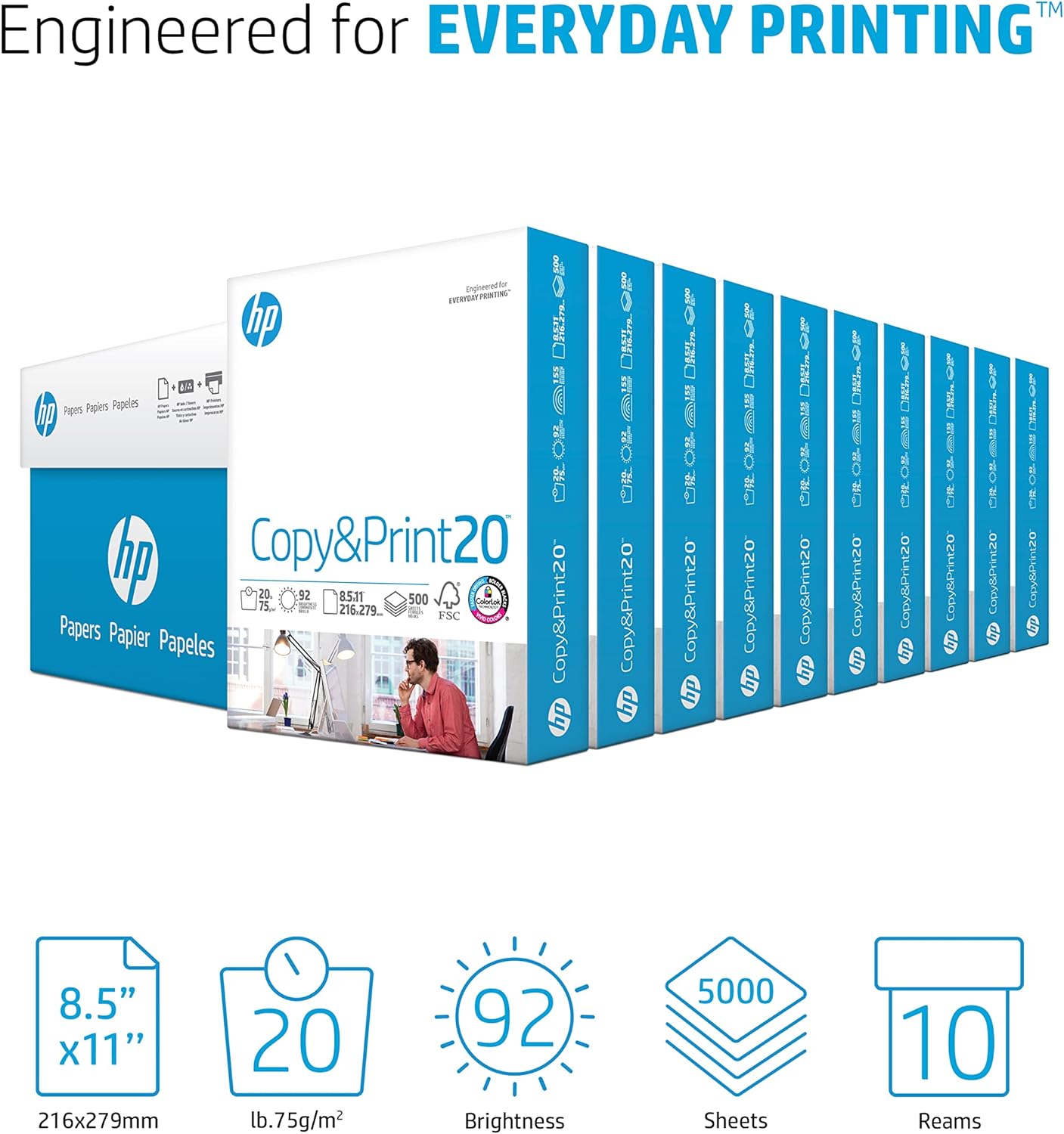 HP Printer Paper | 8.5 x 11 Paper | Copy &Print 20 lb | 1 Ream Case - 500 Sheets| 92 Bright | Made in USA - FSC Certified | 200060