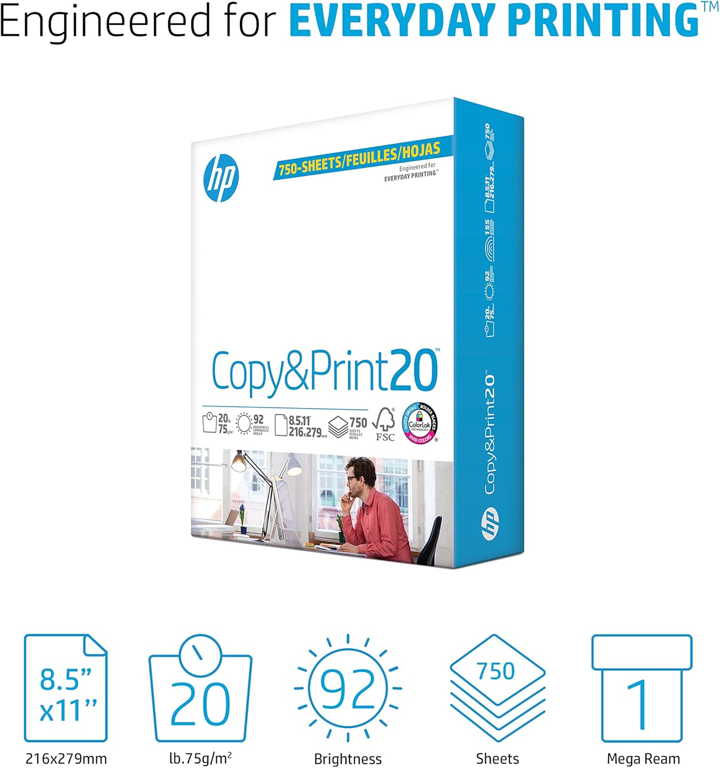 HP Printer Paper | 8.5 x 11 Paper | Copy &Print 20 lb | 1 Ream Case - 500 Sheets| 92 Bright | Made in USA - FSC Certified | 200060