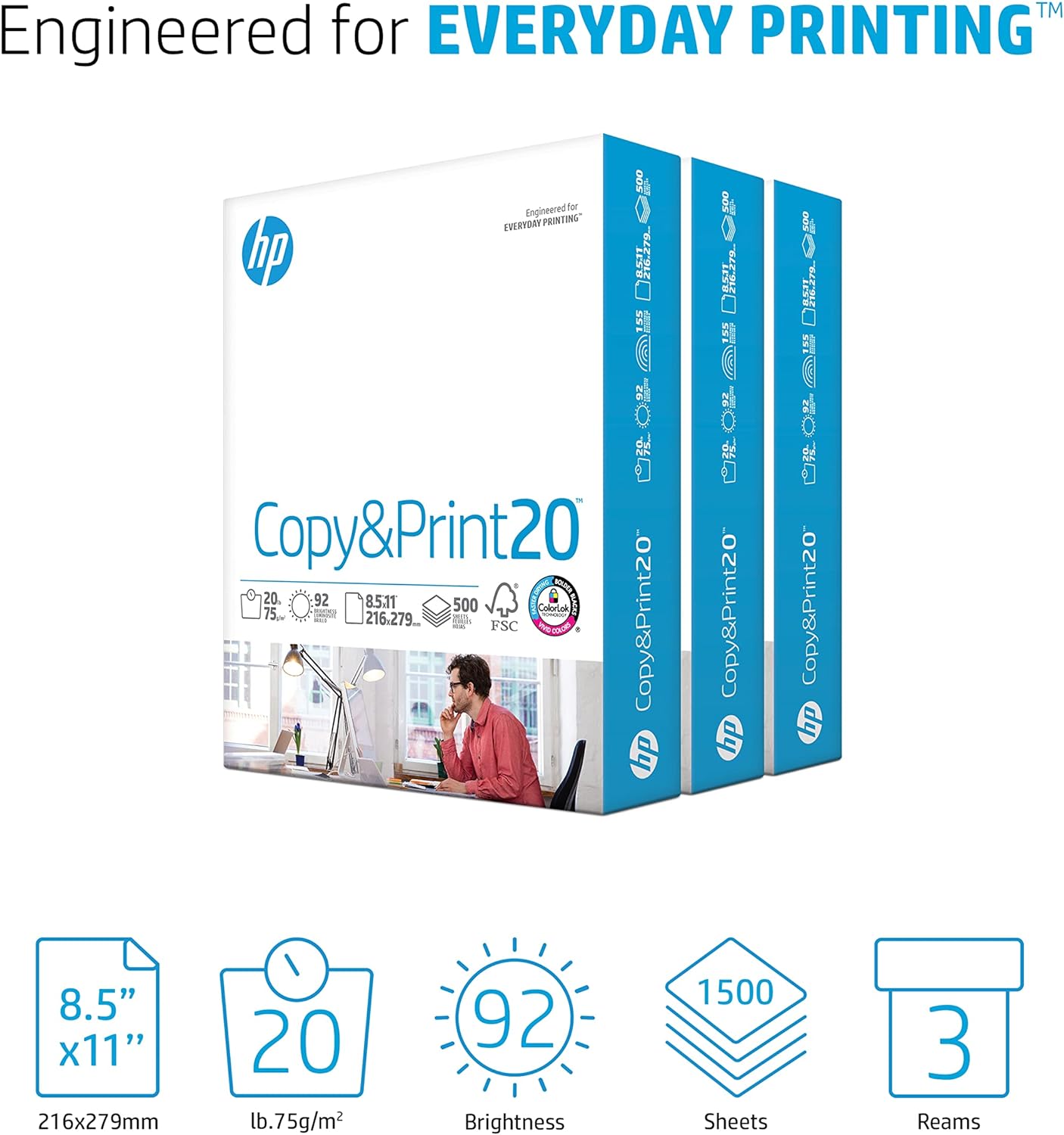 HP Printer Paper | 8.5 x 11 Paper | Copy &Print 20 lb | 1 Ream Case - 500 Sheets| 92 Bright | Made in USA - FSC Certified | 200060