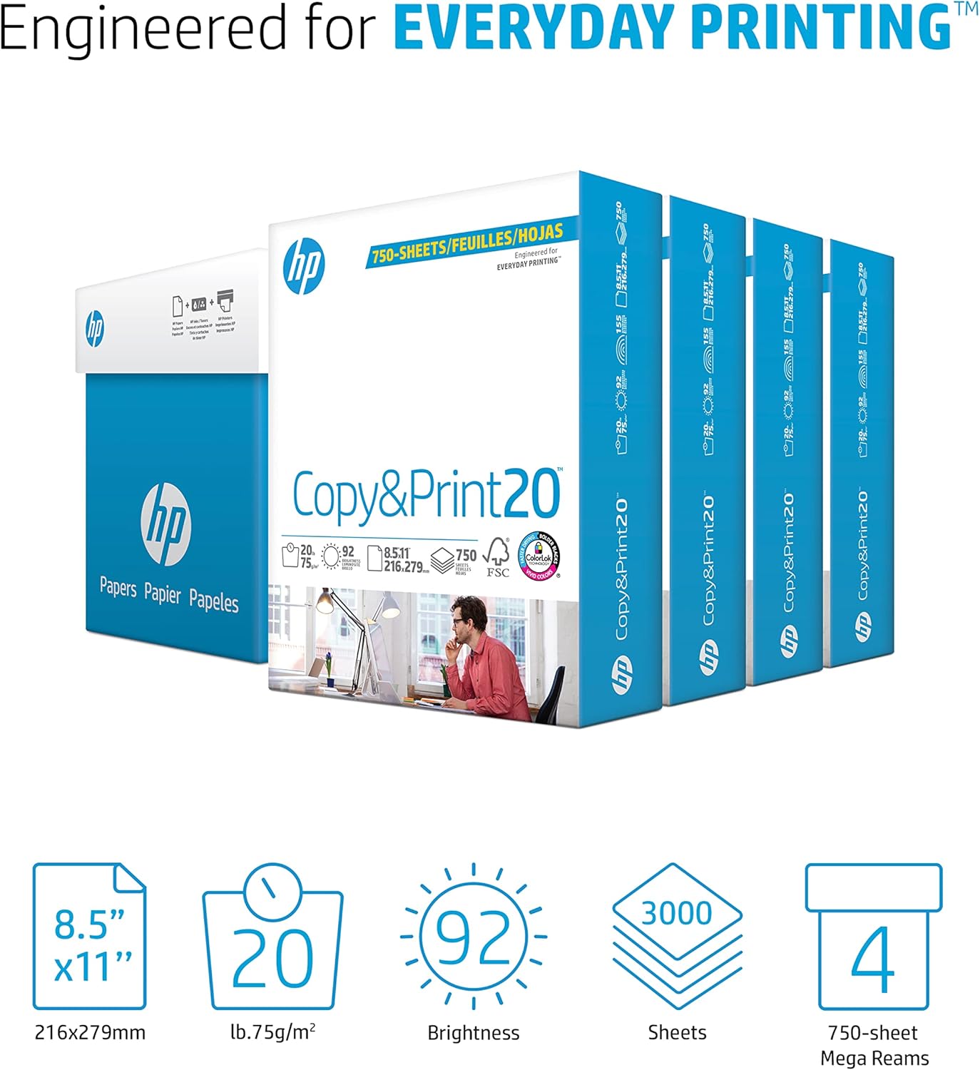 HP Printer Paper | 8.5 x 11 Paper | Copy &Print 20 lb | 1 Ream Case - 500 Sheets| 92 Bright | Made in USA - FSC Certified | 200060