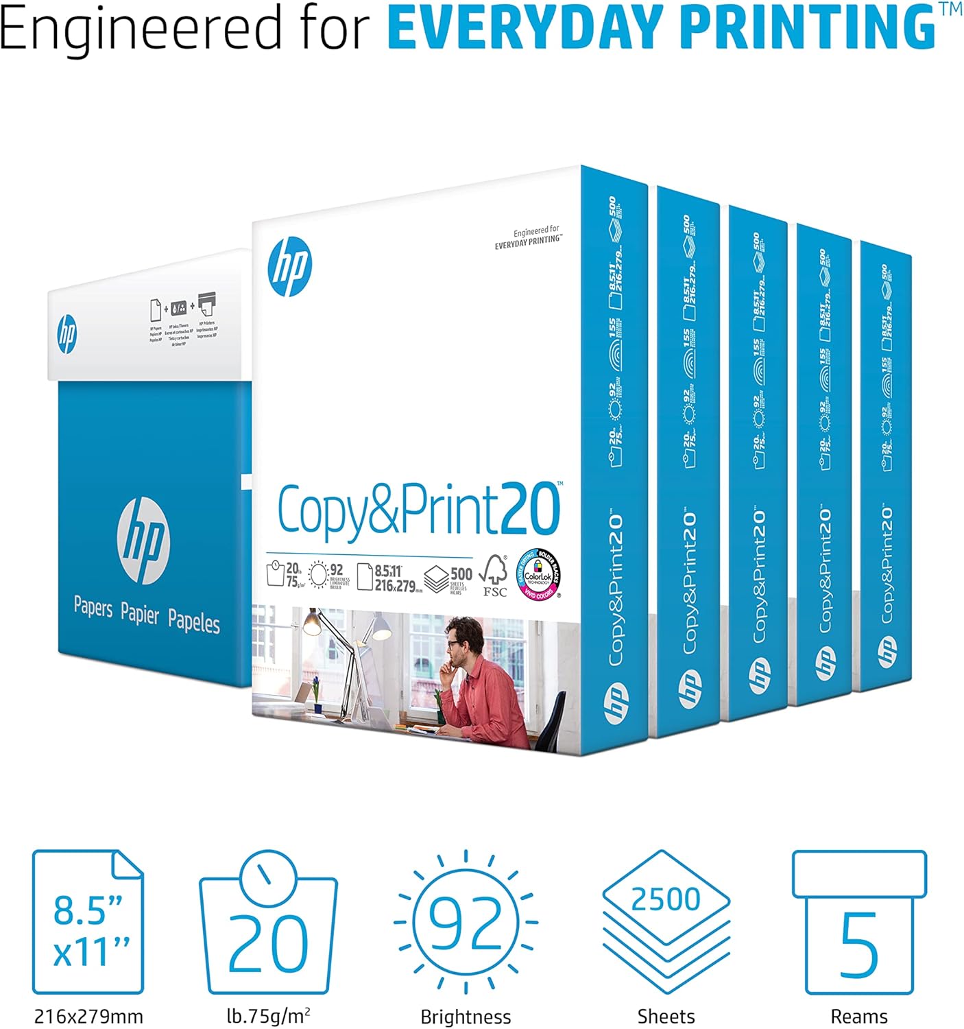 HP Printer Paper | 8.5 x 11 Paper | Copy &Print 20 lb | 1 Ream Case - 500 Sheets| 92 Bright | Made in USA - FSC Certified | 200060