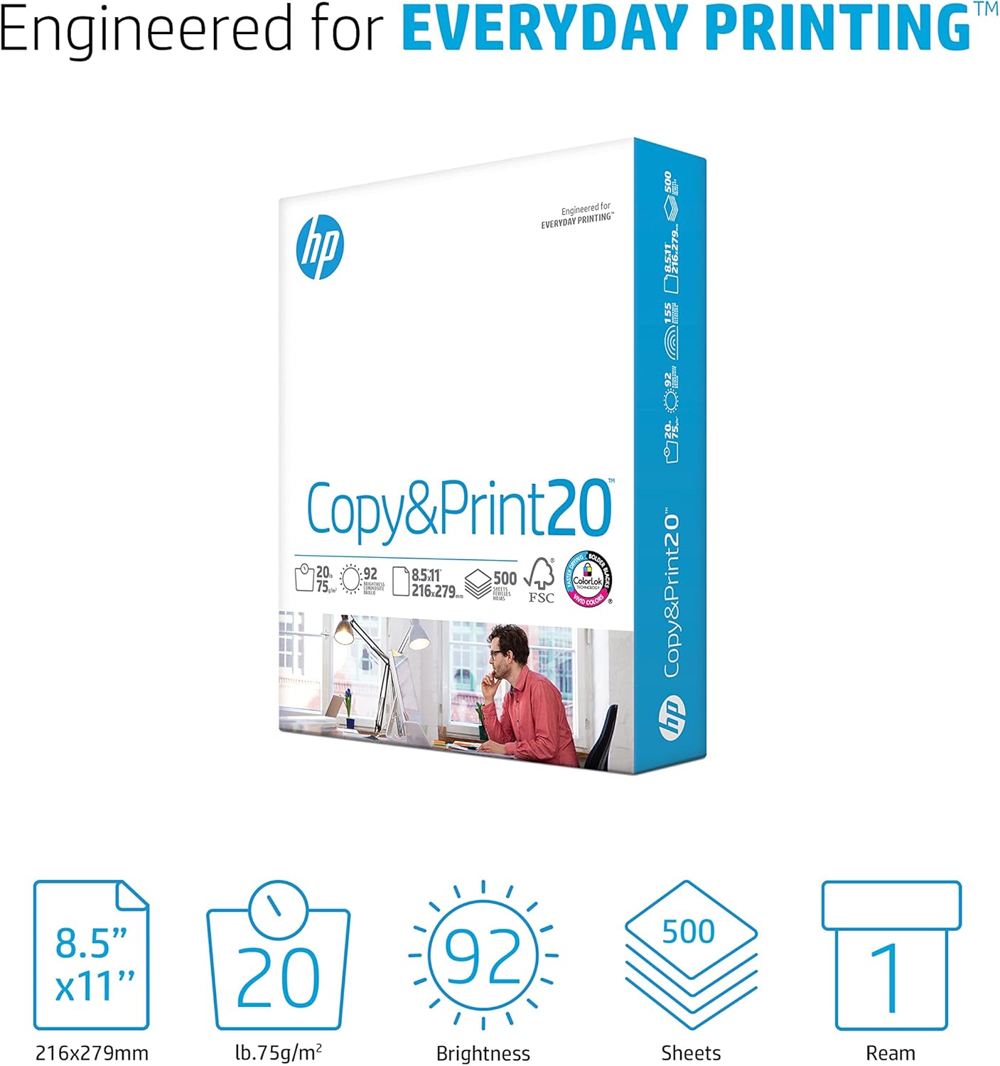 HP Printer Paper | 8.5 x 11 Paper | Copy &Print 20 lb | 1 Ream Case - 500 Sheets| 92 Bright | Made in USA - FSC Certified | 200060