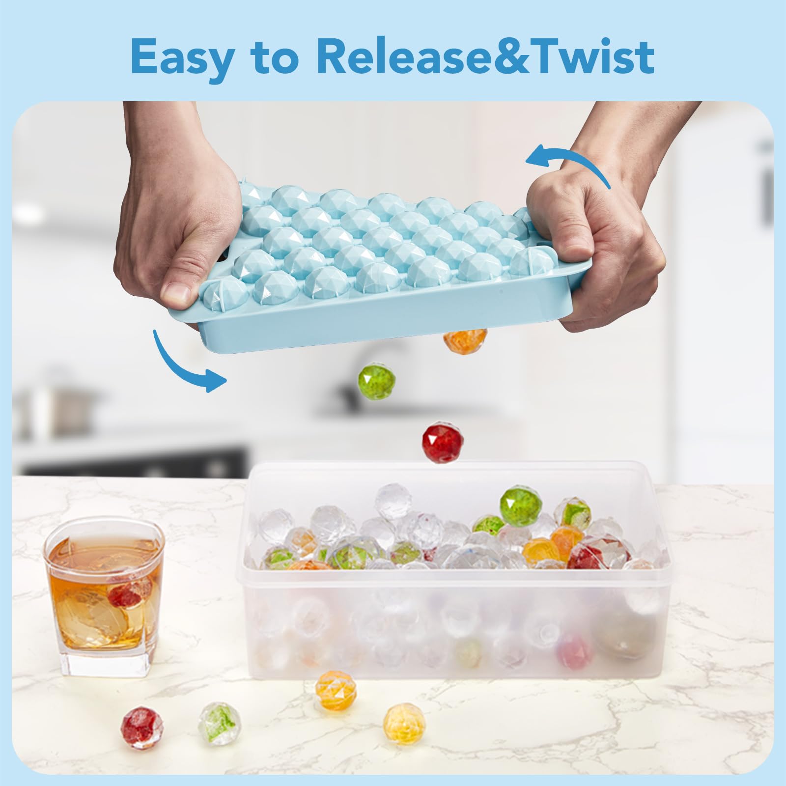 Ice Cube Trays for Freezer - 2-Pack Ice Cube Tray with Lid and Bin，BPA-Free Easy Release Ice Cube Tray for Cocktails, Whiskey, Sodas,Diamond 1 Inch Ice Molds Set