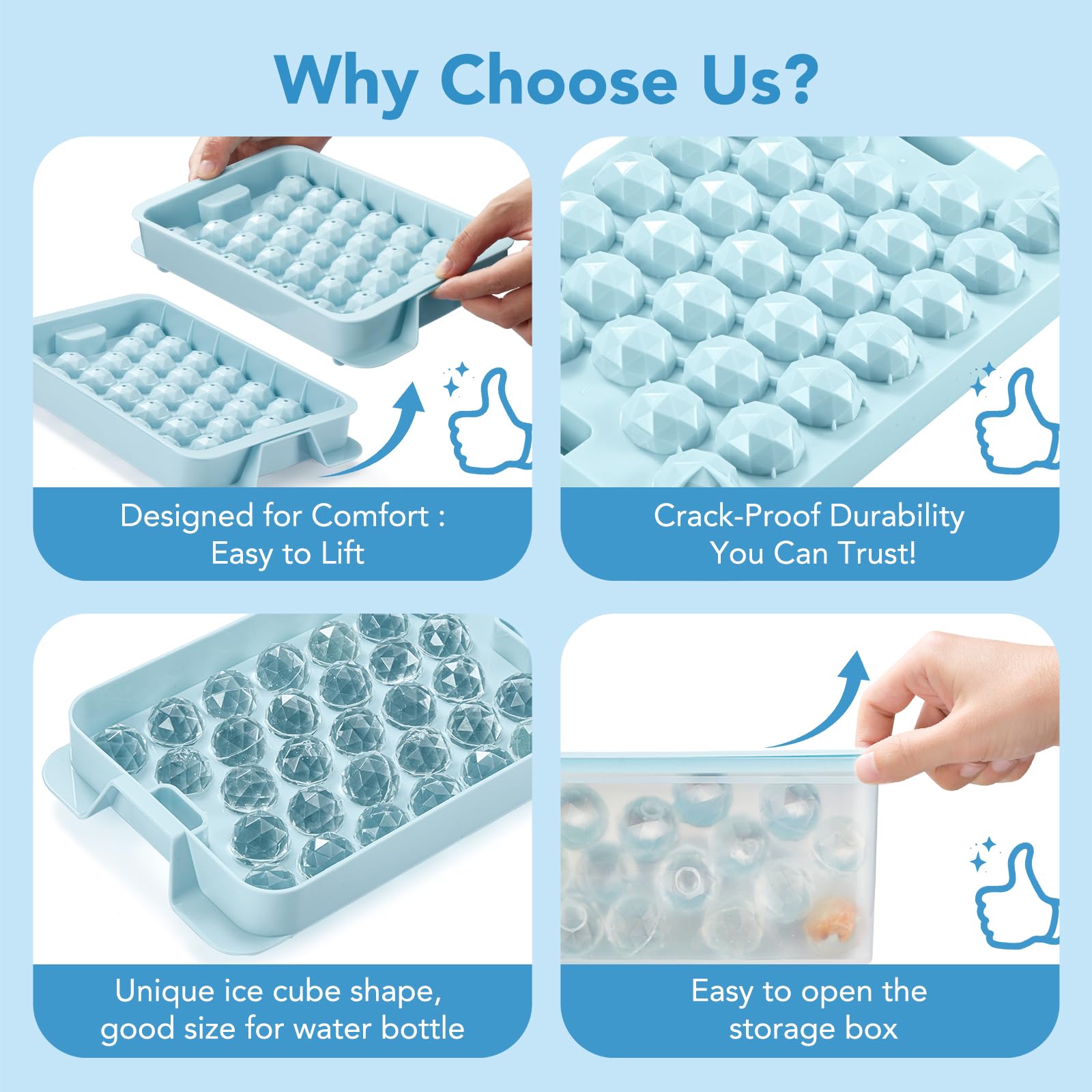 Ice Cube Trays for Freezer - 2-Pack Ice Cube Tray with Lid and Bin，BPA-Free Easy Release Ice Cube Tray for Cocktails, Whiskey, Sodas,Diamond 1 Inch Ice Molds Set