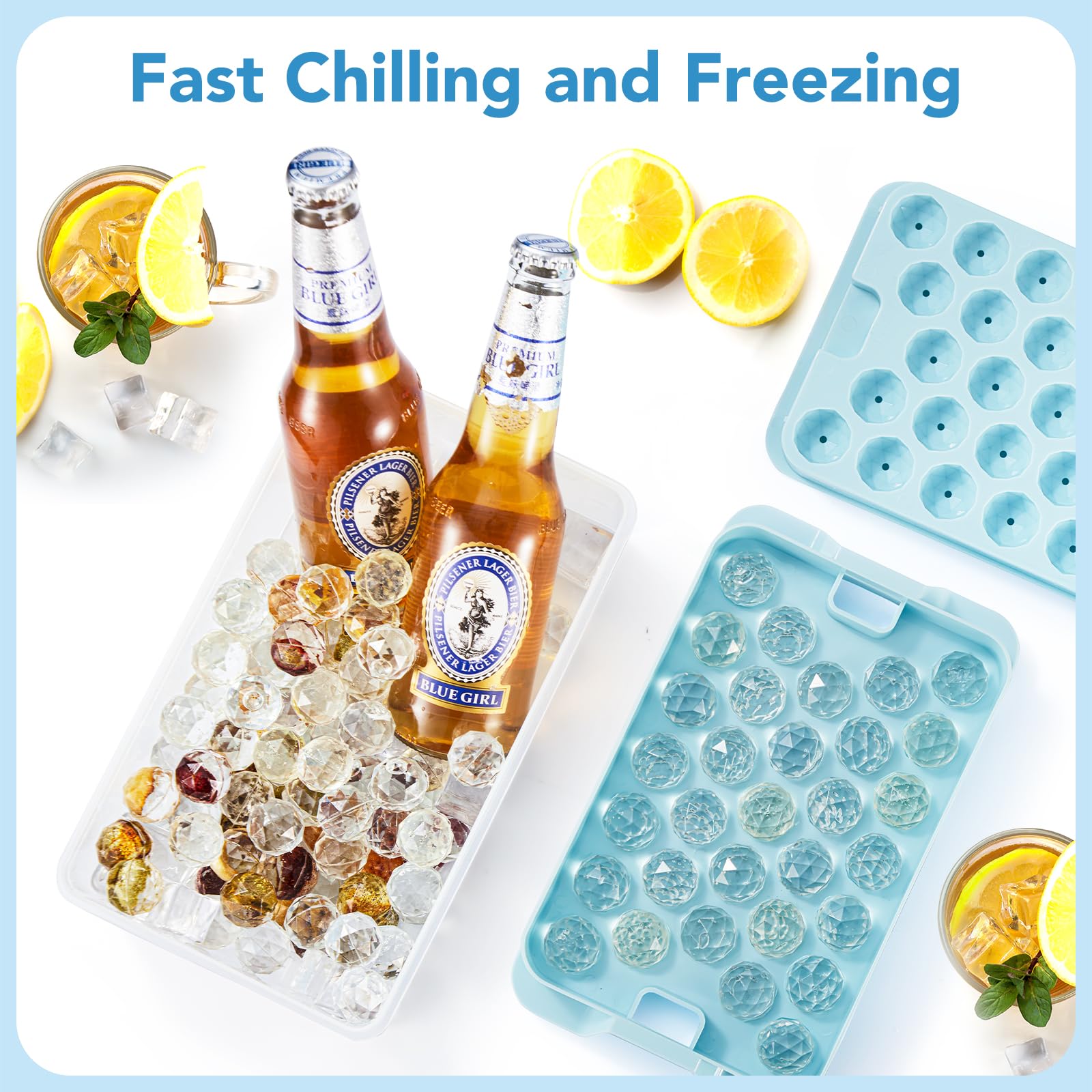 Ice Cube Trays for Freezer - 2-Pack Ice Cube Tray with Lid and Bin，BPA-Free Easy Release Ice Cube Tray for Cocktails, Whiskey, Sodas,Diamond 1 Inch Ice Molds Set