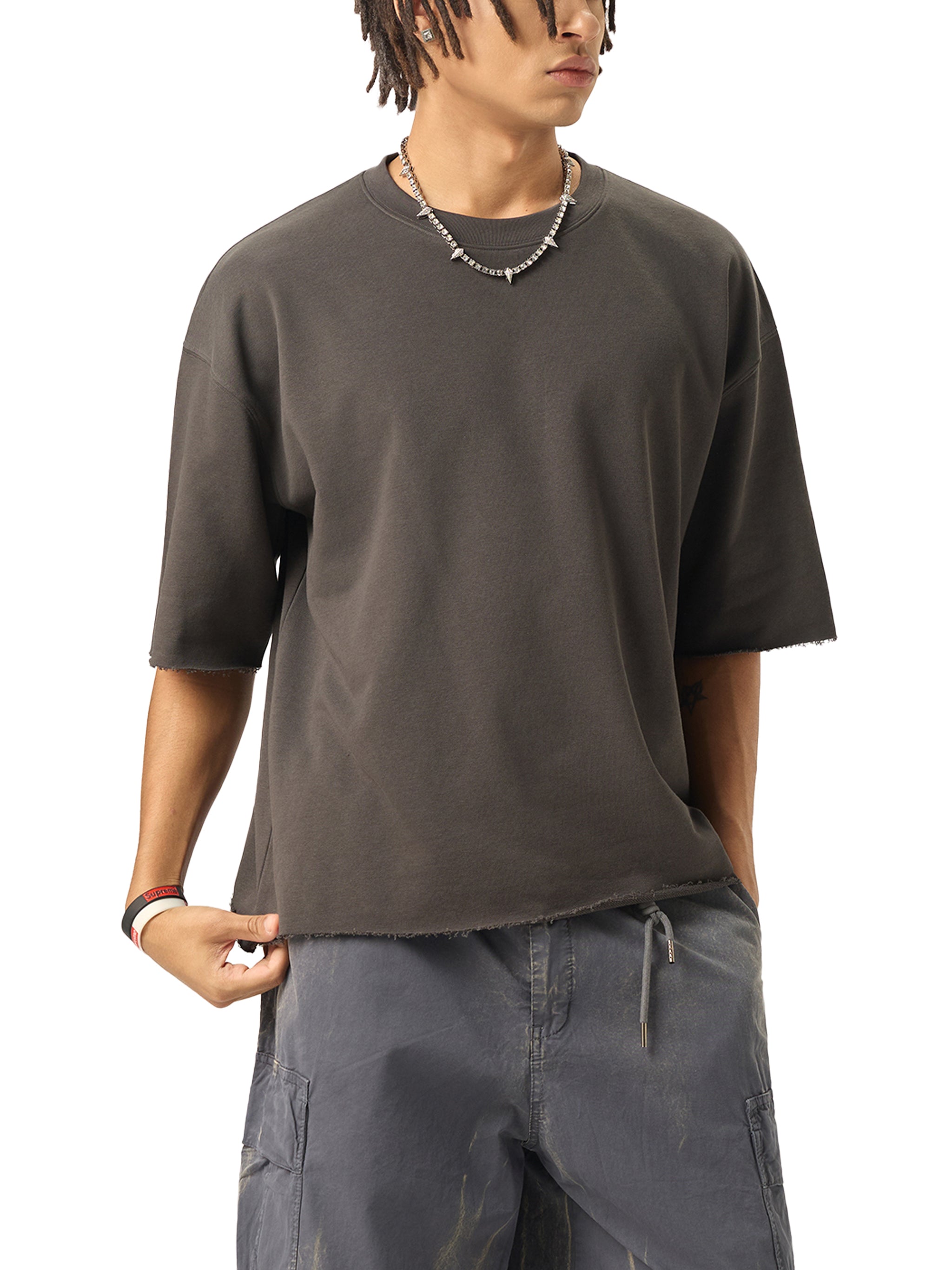 RiCHJVNKIE SOCIETY Boxy Half-Sleeve Raw-Edge T-Shirt