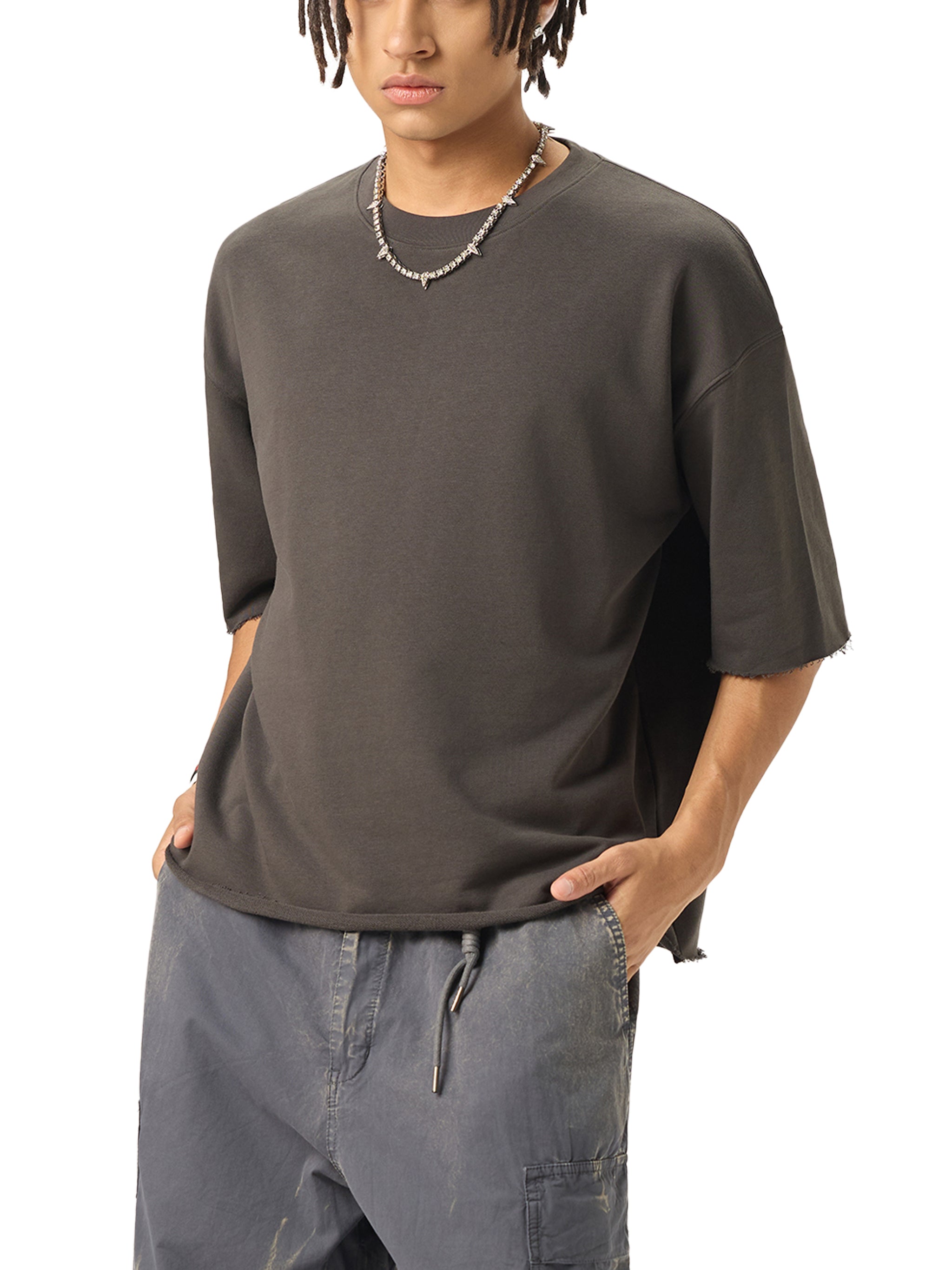 RiCHJVNKIE SOCIETY Boxy Half-Sleeve Raw-Edge T-Shirt