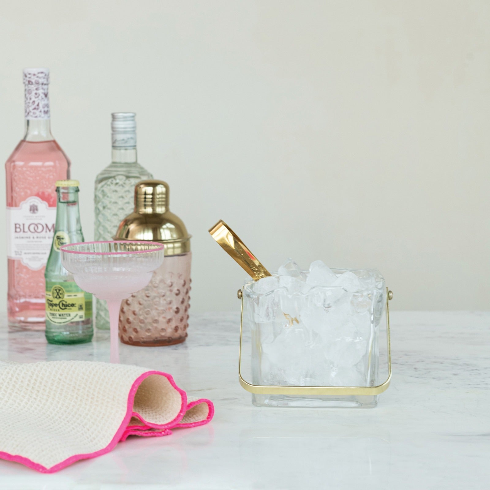 Textured Glass Ice Bucket with Gold Handle & Tongs