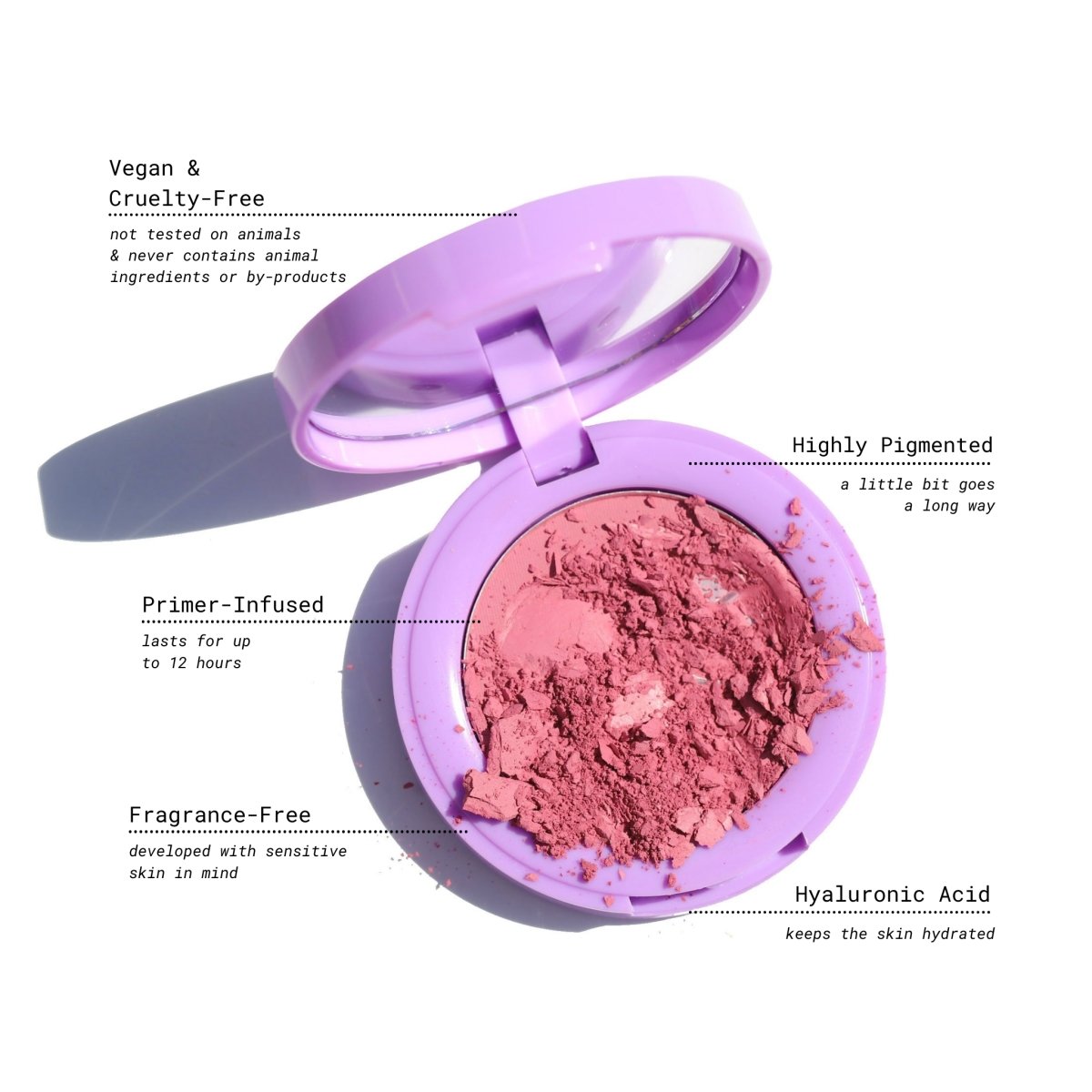 open purple compact with crushed pink pan - In Bloom Powder Blush - Half Caked