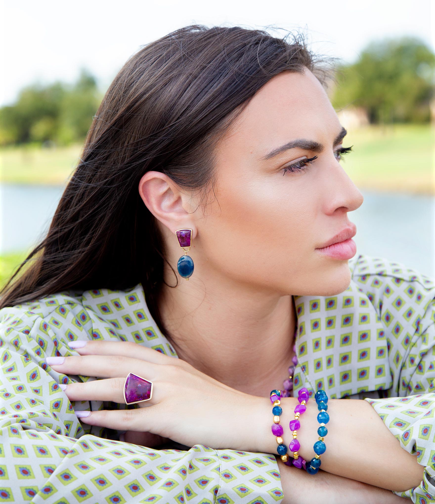 Indigo Blue Purple Agate Stack Golden Bracelet Set