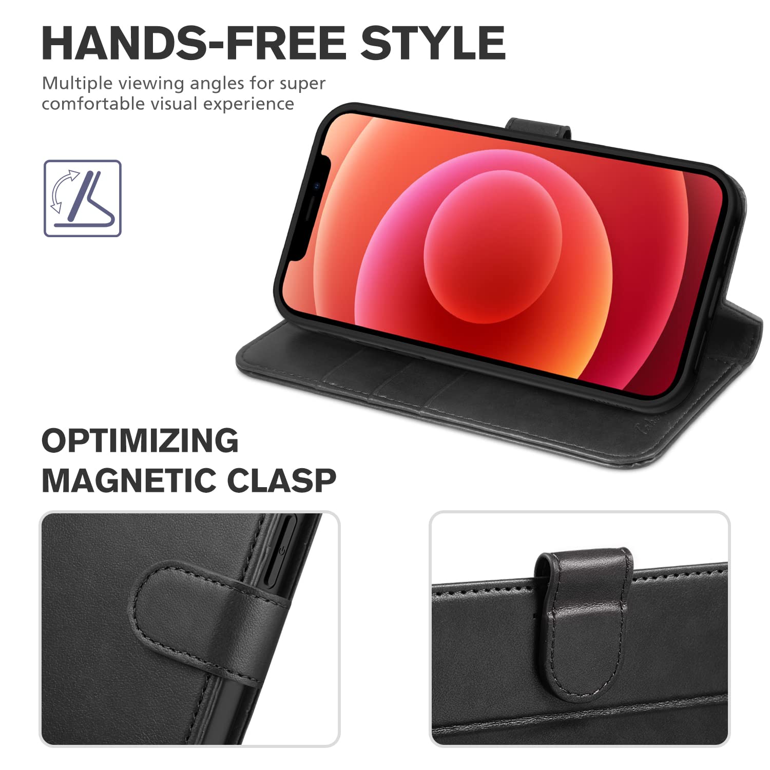 iPhone 12 Mini 5G, RFID Blocking Card Slot Stand [Shockproof TPU Interior Protect Case], PU Leather Magnetic Flip Folio Cover Compatible with iPhone 12 Mini 5.4-inch, Black