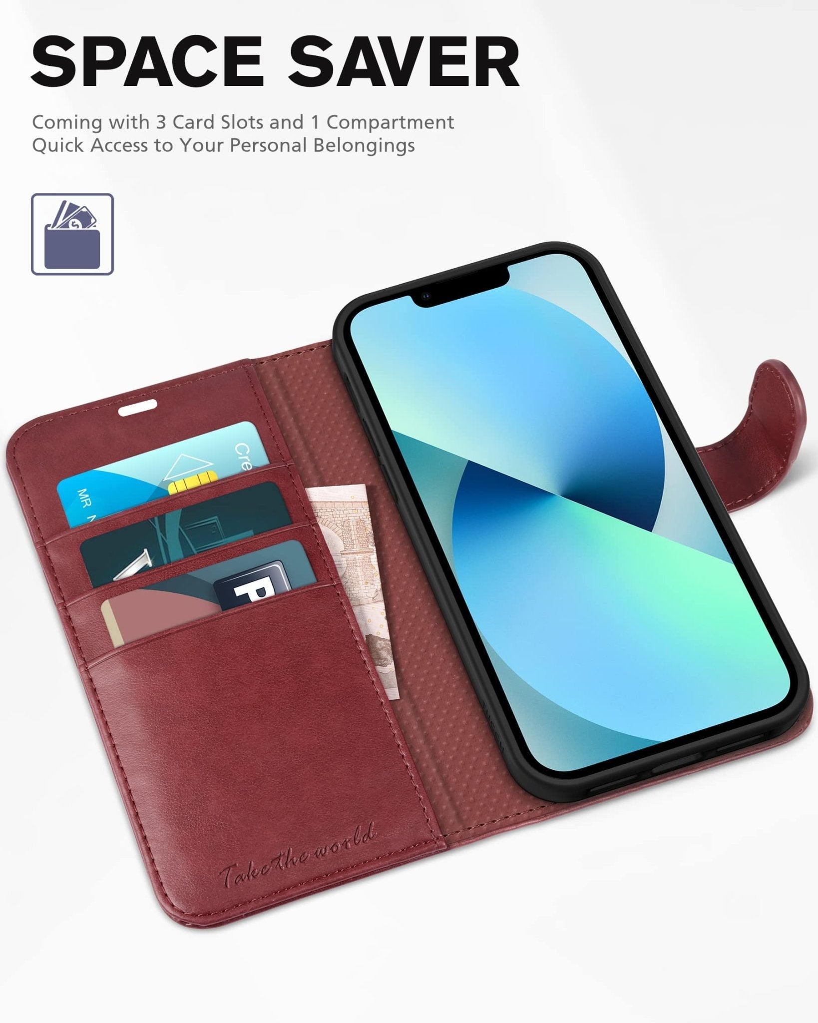 iPhone 13 6.1-inch 5G, [RFID Blocking] Card Slots Holder Stand [Shockproof TPU Interior Case] PU Leather Magnetic Protective Flip Cover Compatible with iPhone 13, Plum Purple