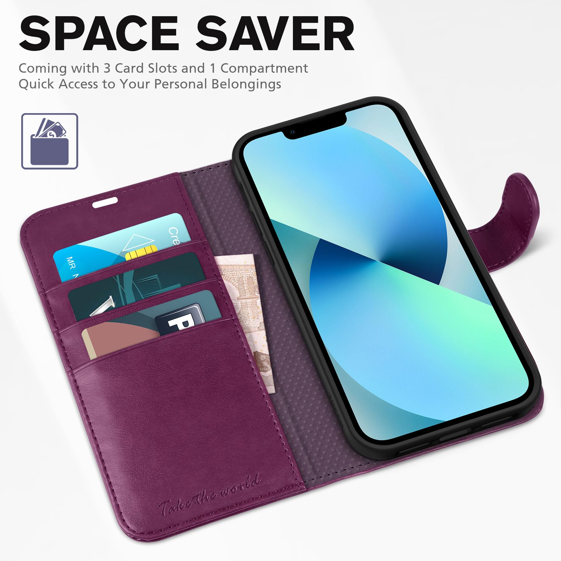 iPhone 13 6.1-inch 5G, [RFID Blocking] Card Slots Holder Stand [Shockproof TPU Interior Case] PU Leather Magnetic Protective Flip Cover Compatible with iPhone 13, Plum Purple